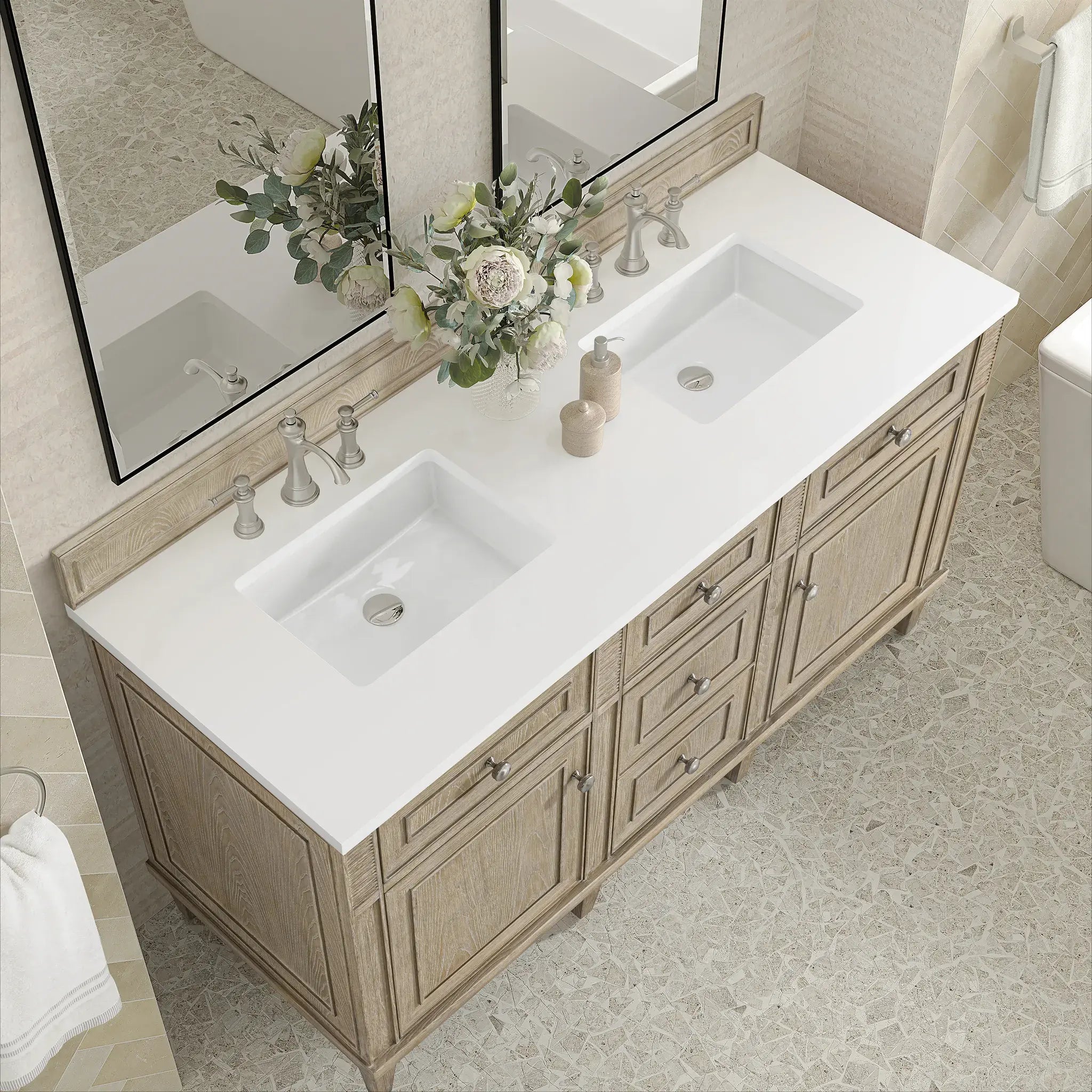 60" Lorelai Double Vanity in Whitewashed Oak-White Zeus Silestone-8" Widespread image 6