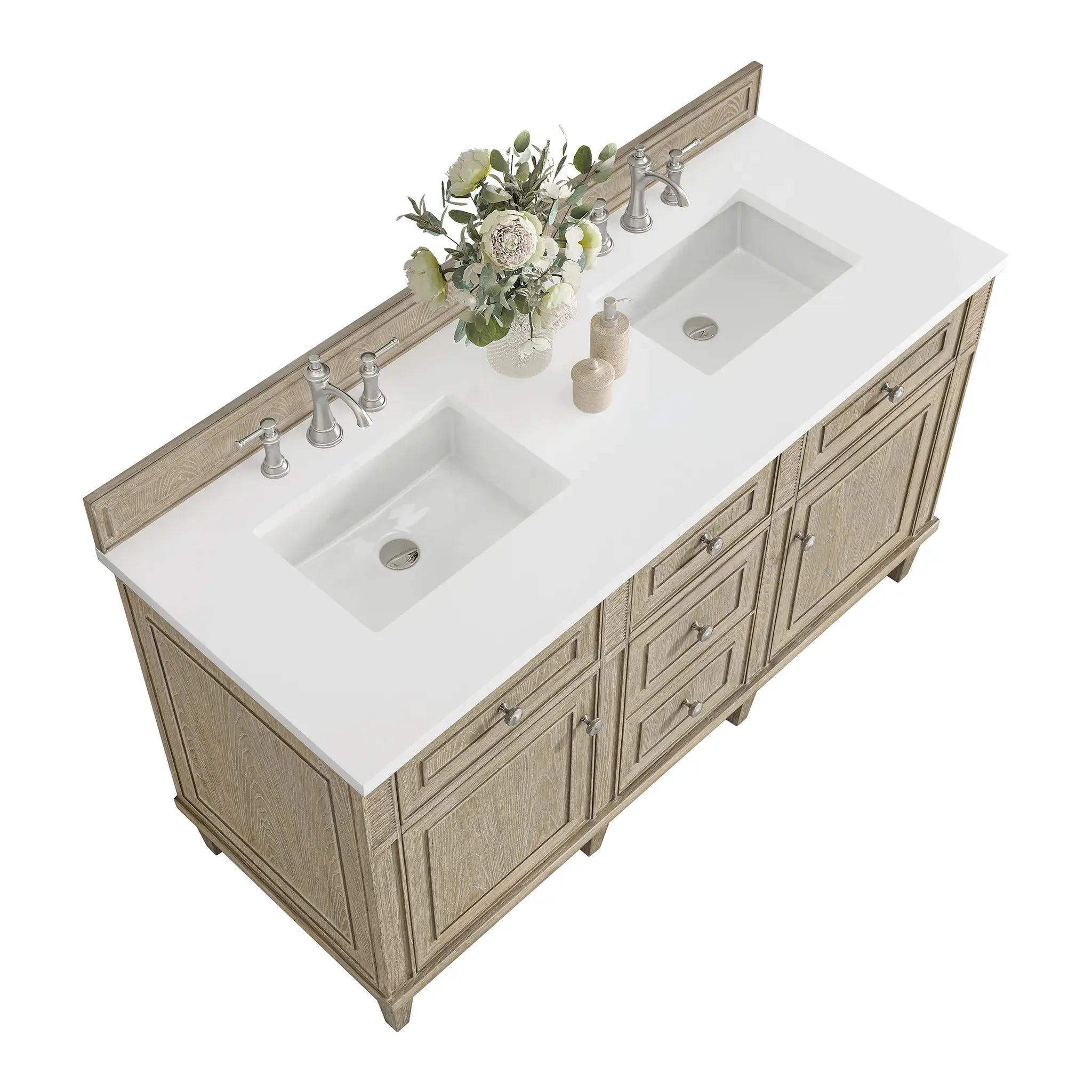 60" Lorelai Double Vanity in Whitewashed Oak-White Zeus Silestone-8" Widespread image 7