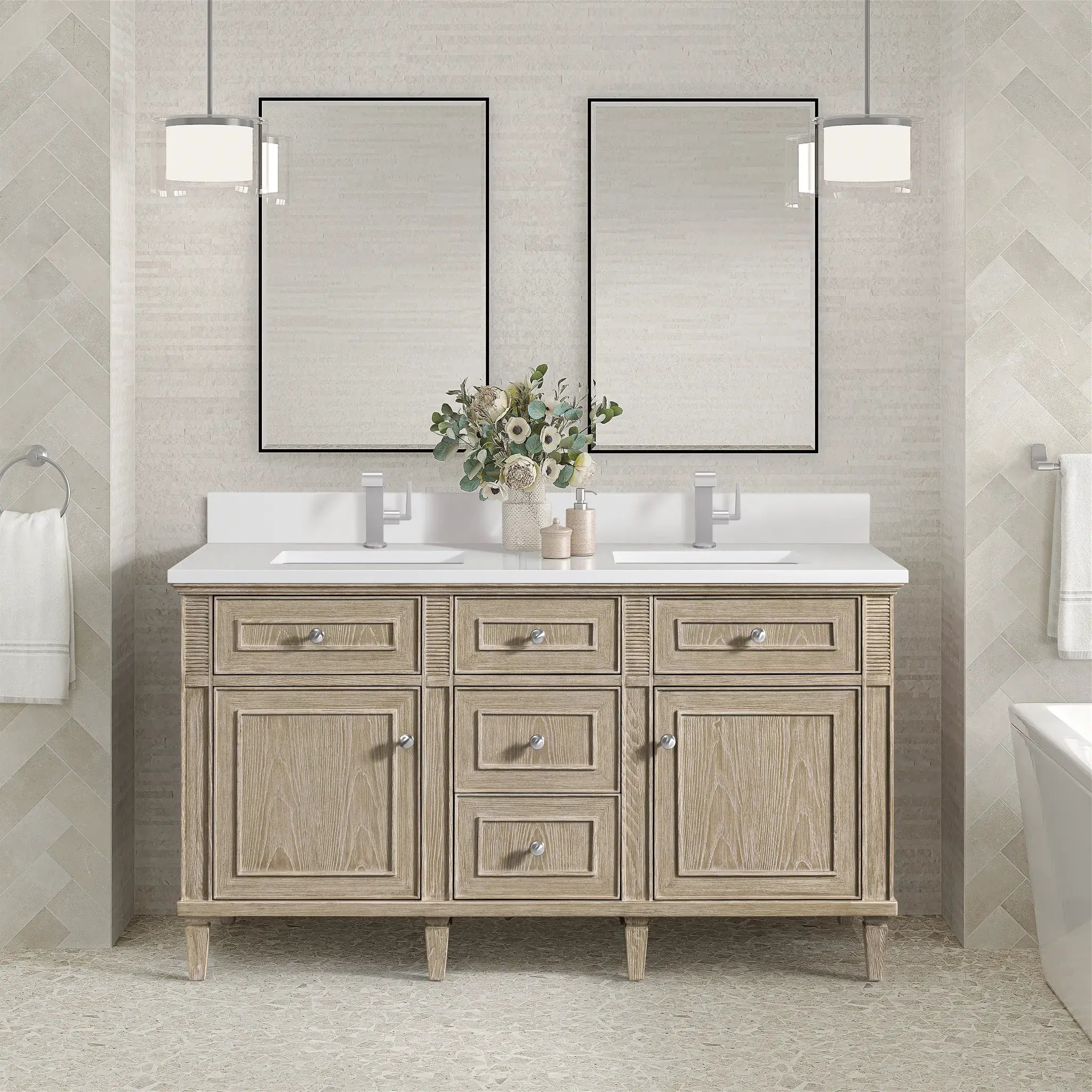 60" Lorelai Double Vanity in Whitewashed Oak-White Zeus Silestone & Backsplash-Single Hole image 1