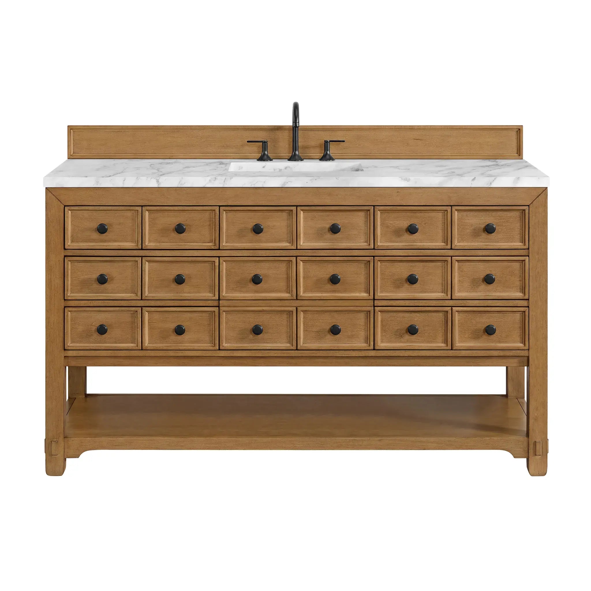 60" Malibu Single Vanity in Amber Birch-Carrara White Marble-8" Widespread image
