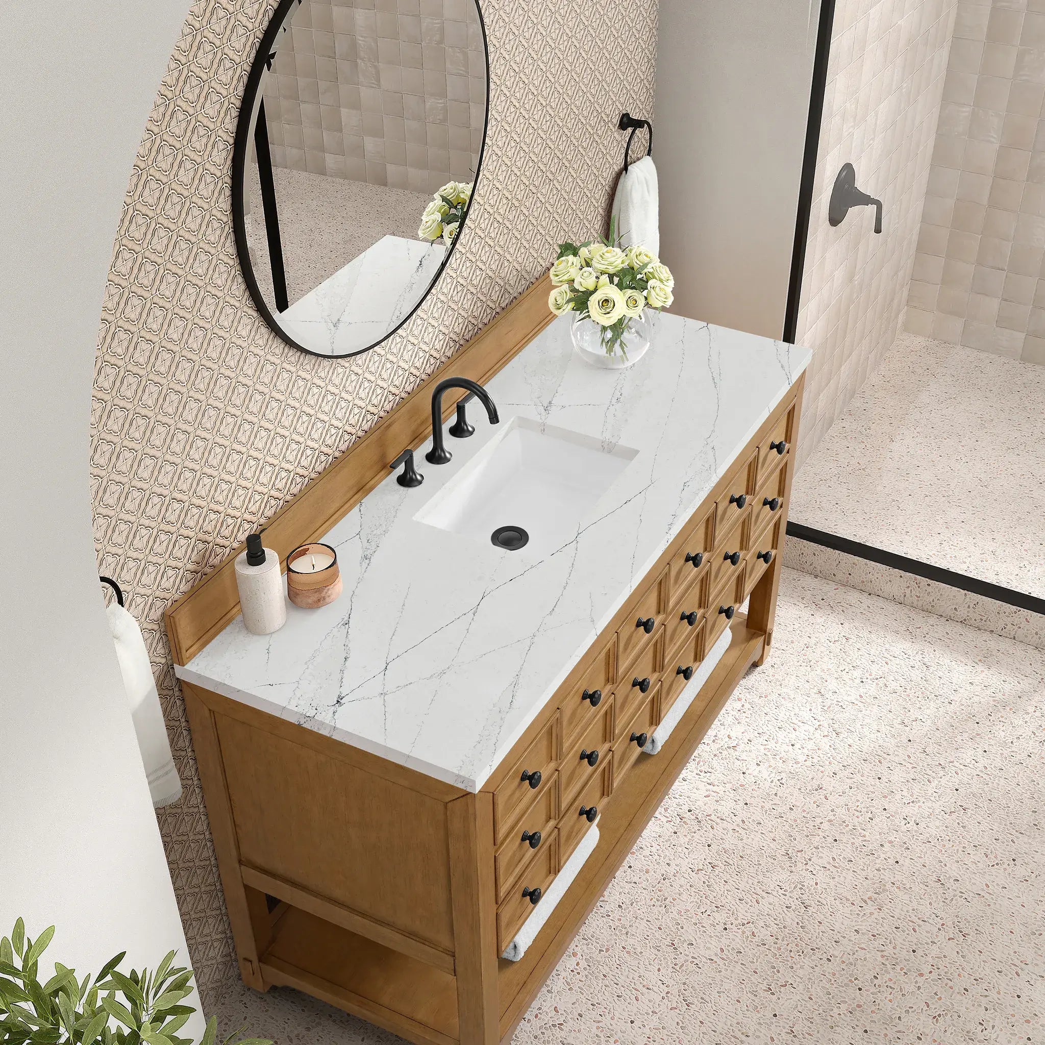 60" Malibu Single Vanity in Amber Birch-Ethereal Noctis Silestone-8" Widespread image 6