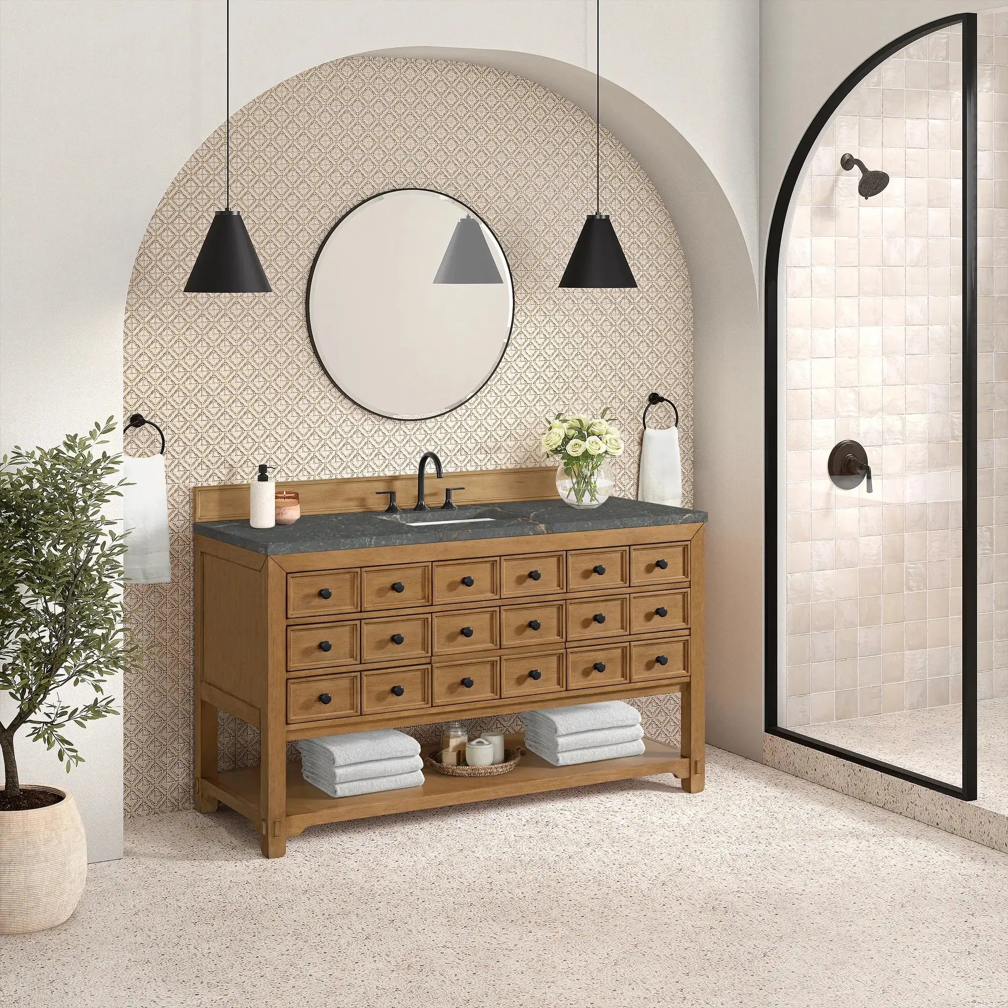 60" Malibu Single Vanity in Amber Birch-Parisien Bleu Silestone-8" Widespread image 3 new