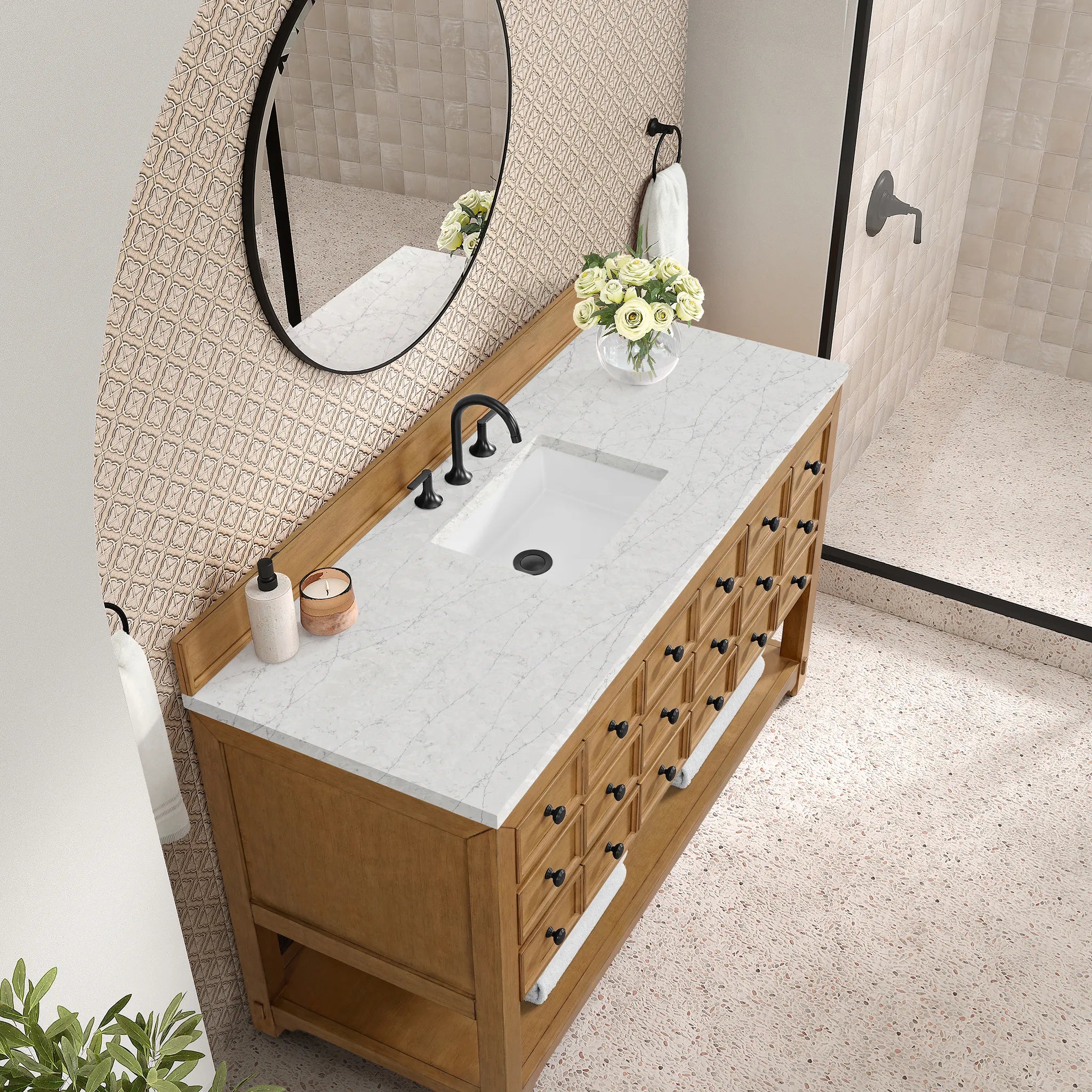 60" Malibu Single Vanity in Amber Birch w/FreePower Wireless Charger-Eternal Jasmine Pearl Silestone-8" Widespread image 8