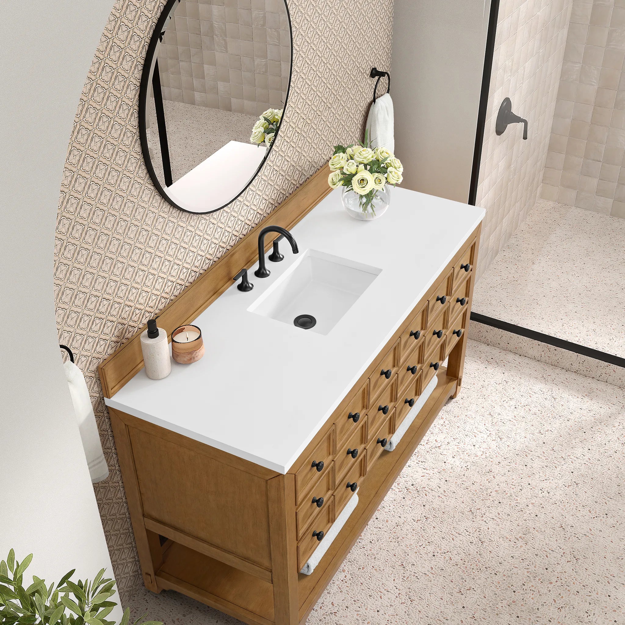 60" Malibu Single Vanity in Amber Birch-White Zeus Silestone-8" Widespread image 7
