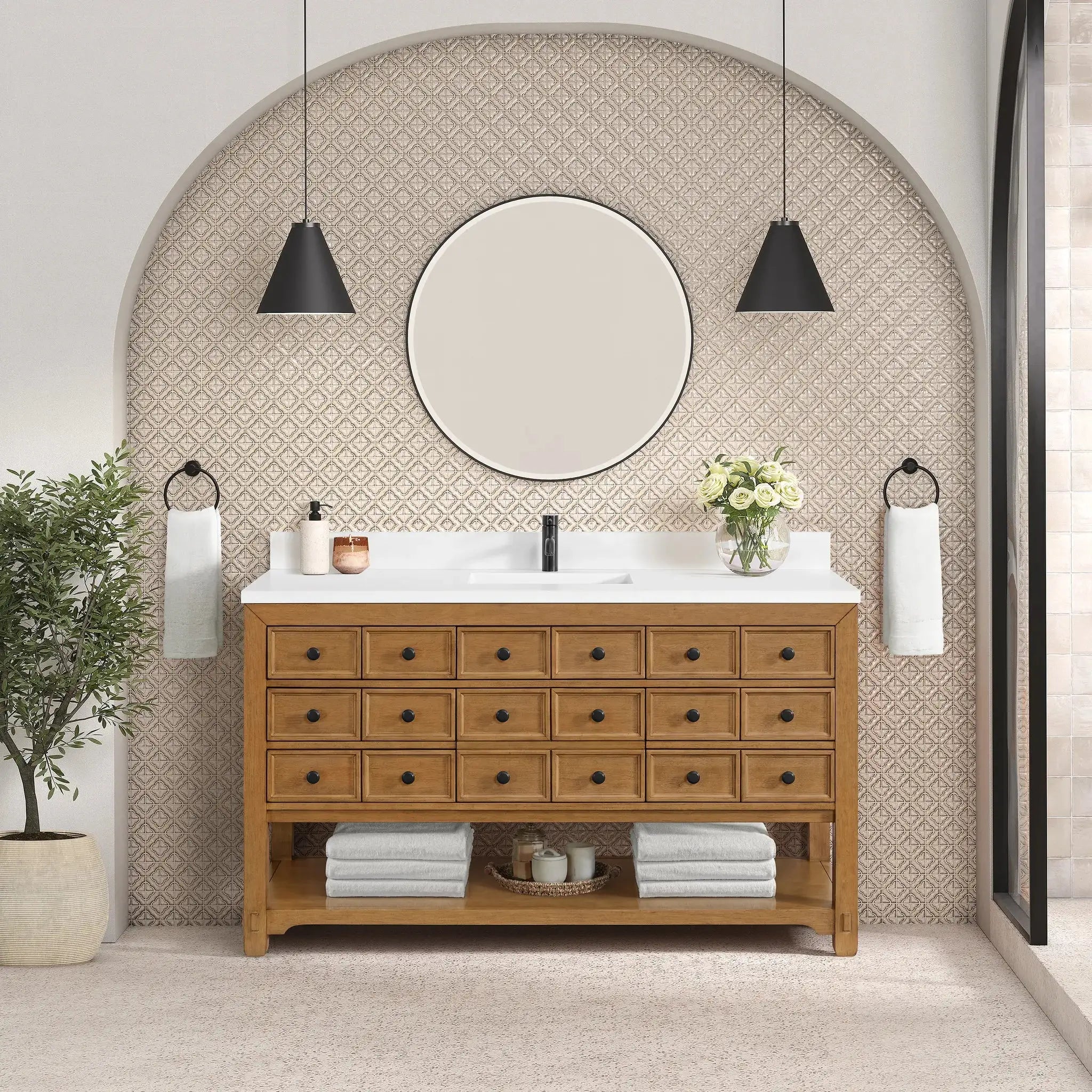 60" Malibu Single Vanity in Amber Birch-White Zeus Silestone & Backsplash-Single Hole image 2 new