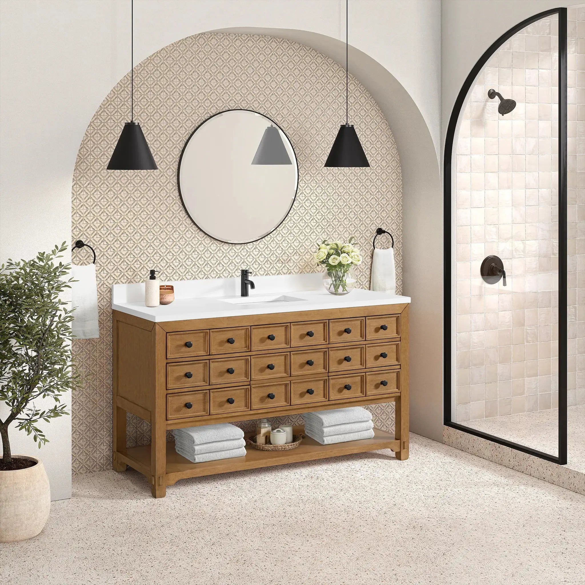 60" Malibu Single Vanity in Amber Birch-White Zeus Silestone & Backsplash-Single Hole image 3 new