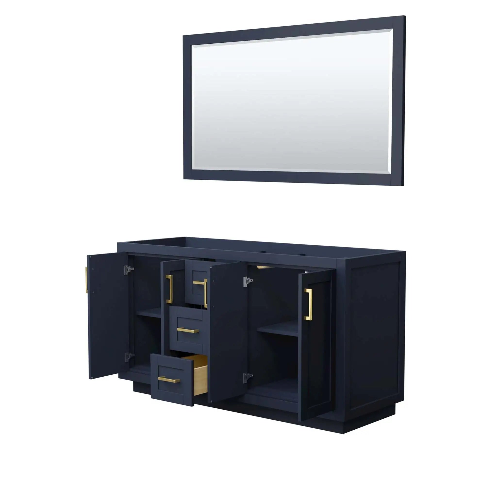 60" Miranda Double Bathroom Vanity in Dark Blue with Brushed Gold Trim & 58" Mirror by Wyndham