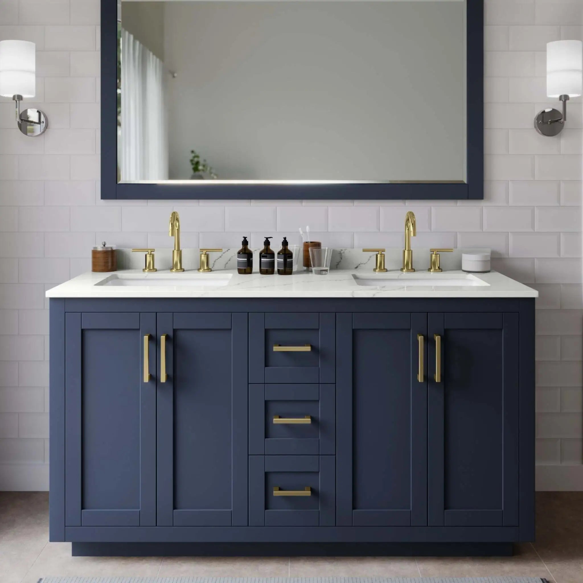 60" Miranda Double Bathroom Vanity in Dark Blue with Brushed Gold Trim & 58" Mirror by Wyndham