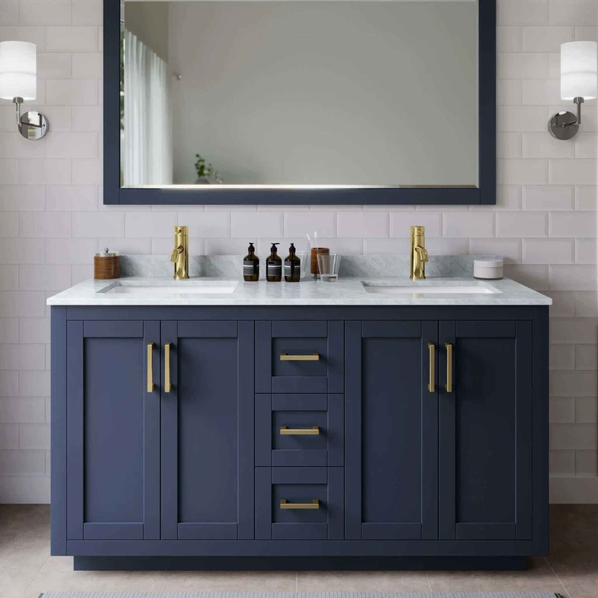 60" Miranda Double Bathroom Vanity in Dark Blue with Brushed Gold Trim & 58" Mirror by Wyndham