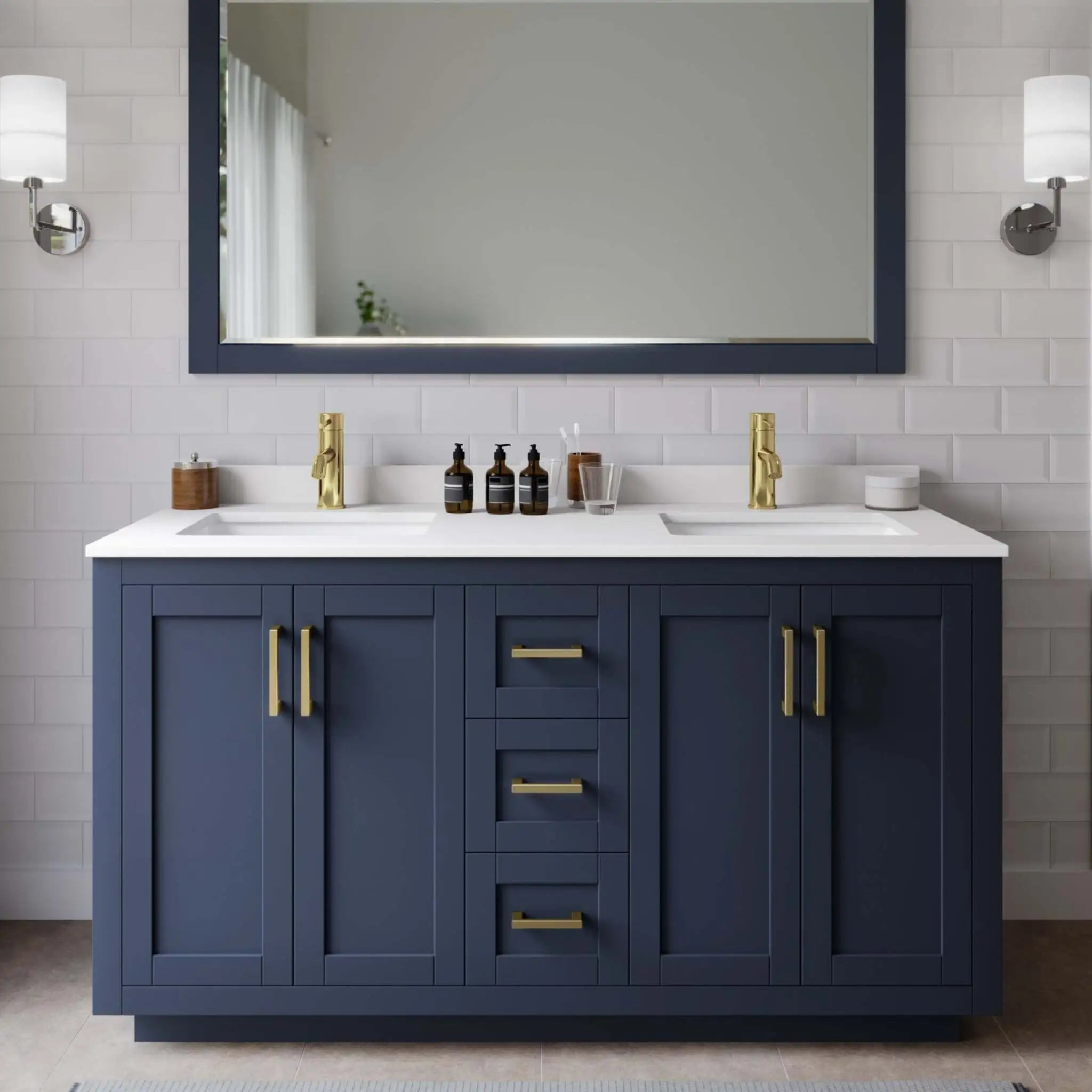 60" Miranda Double Bathroom Vanity in Dark Blue with Brushed Gold Trim & 58" Mirror by Wyndham