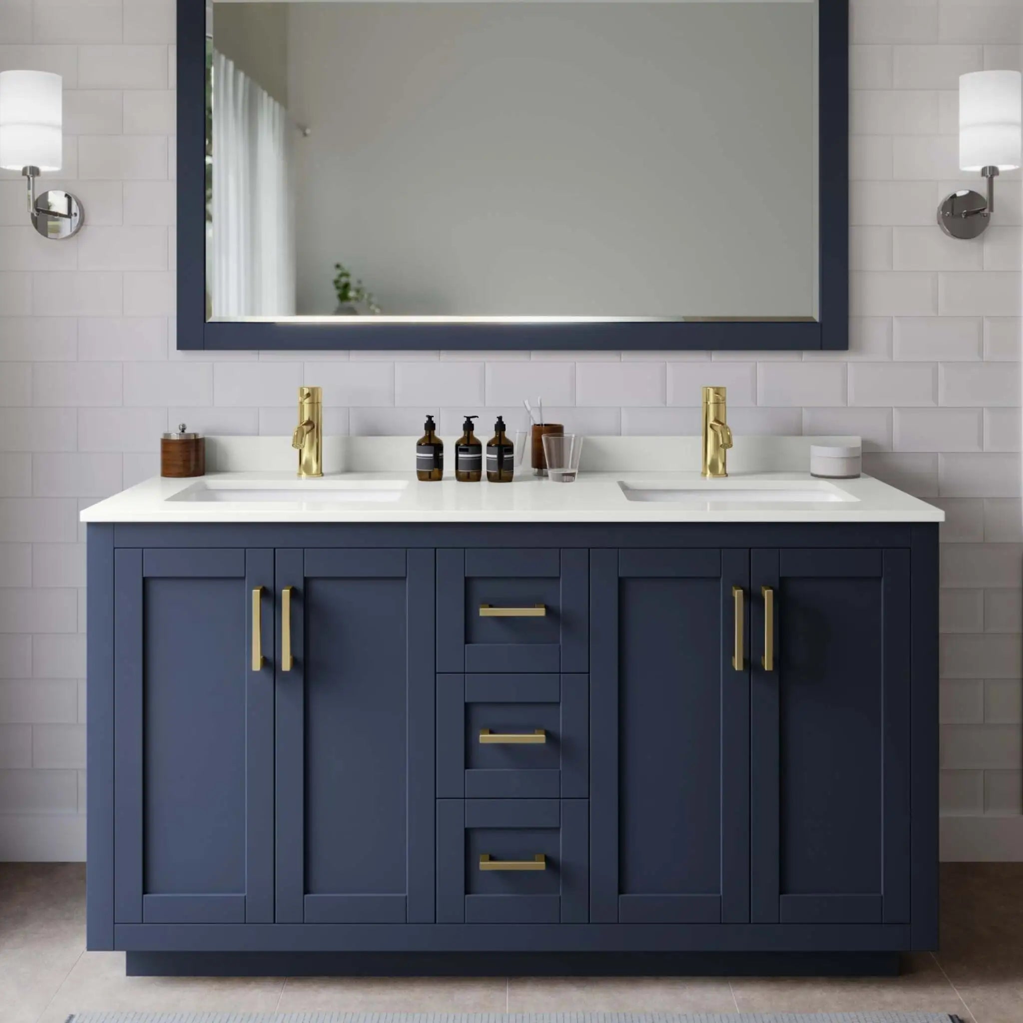 60" Miranda Double Bathroom Vanity in Dark Blue with Brushed Gold Trim & 58" Mirror by Wyndham