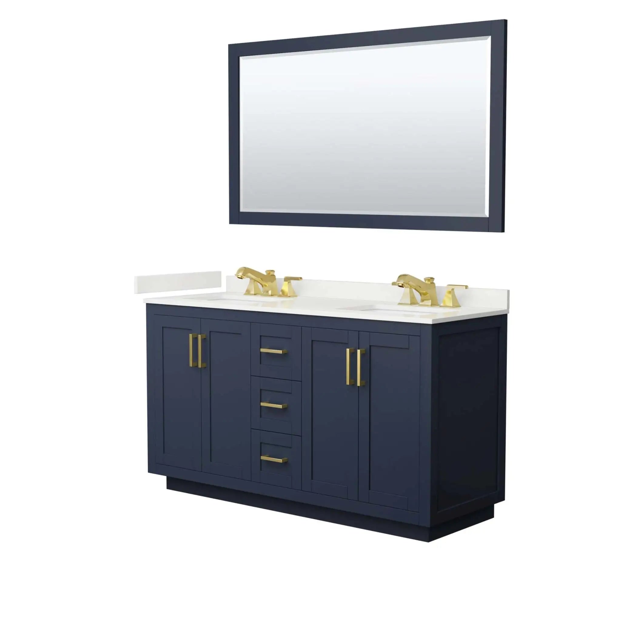 60" Miranda Double Bathroom Vanity in Dark Blue with Brushed Gold Trim & 58" Mirror by Wyndham