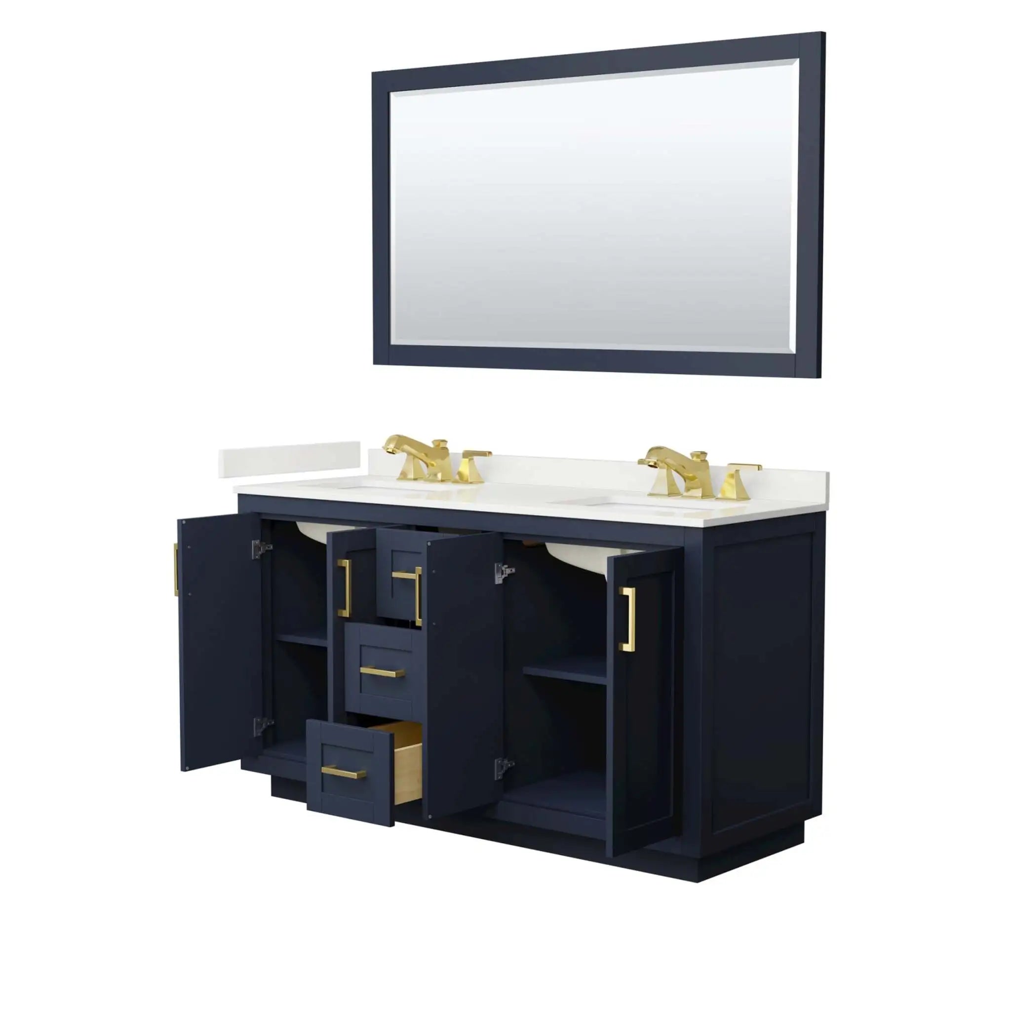 60" Miranda Double Bathroom Vanity in Dark Blue with Brushed Gold Trim & 58" Mirror by Wyndham