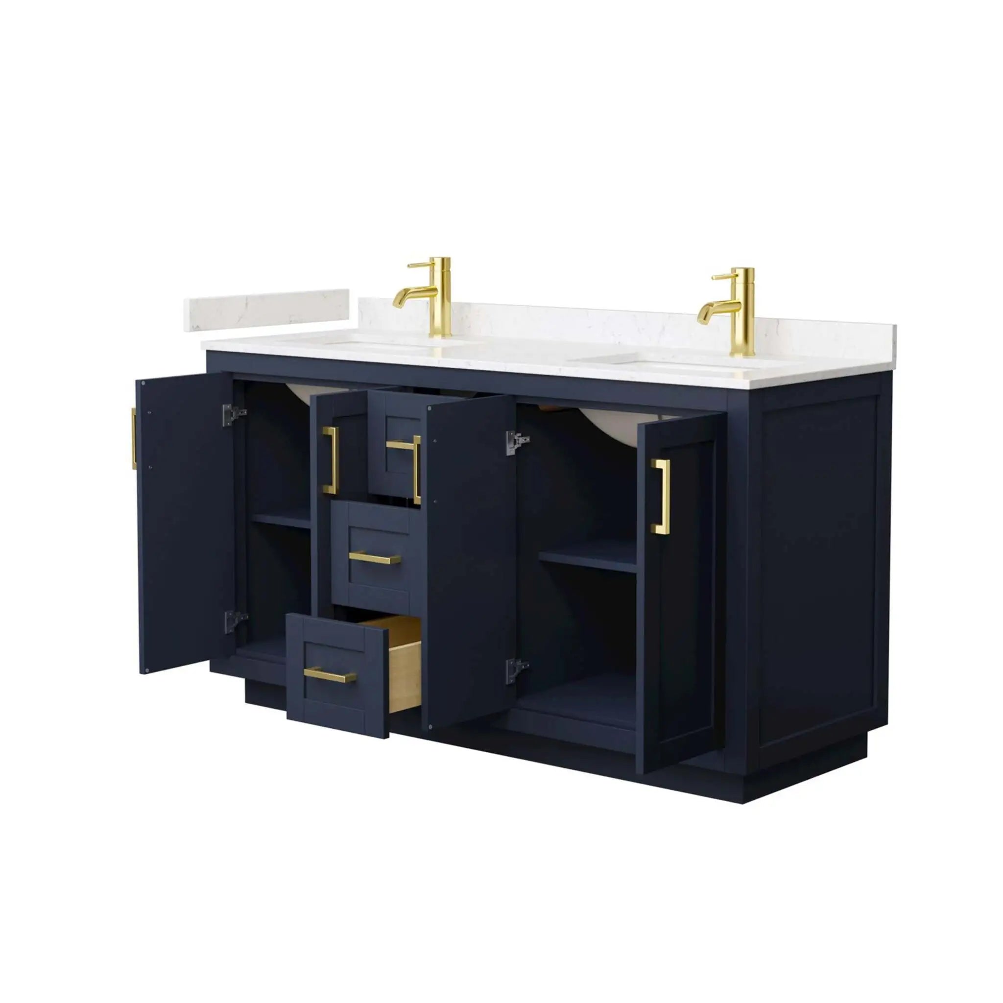60" Miranda Double Bathroom Vanity in Dark Blue with Brushed Gold Trim by Wyndham