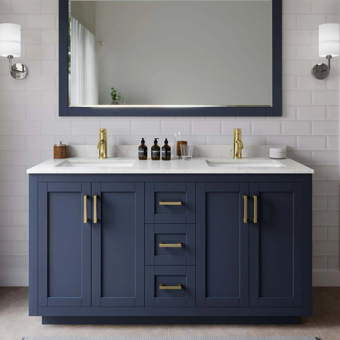 60" Miranda Double Bathroom Vanity in Dark Blue with Brushed Gold Trim by Wyndham