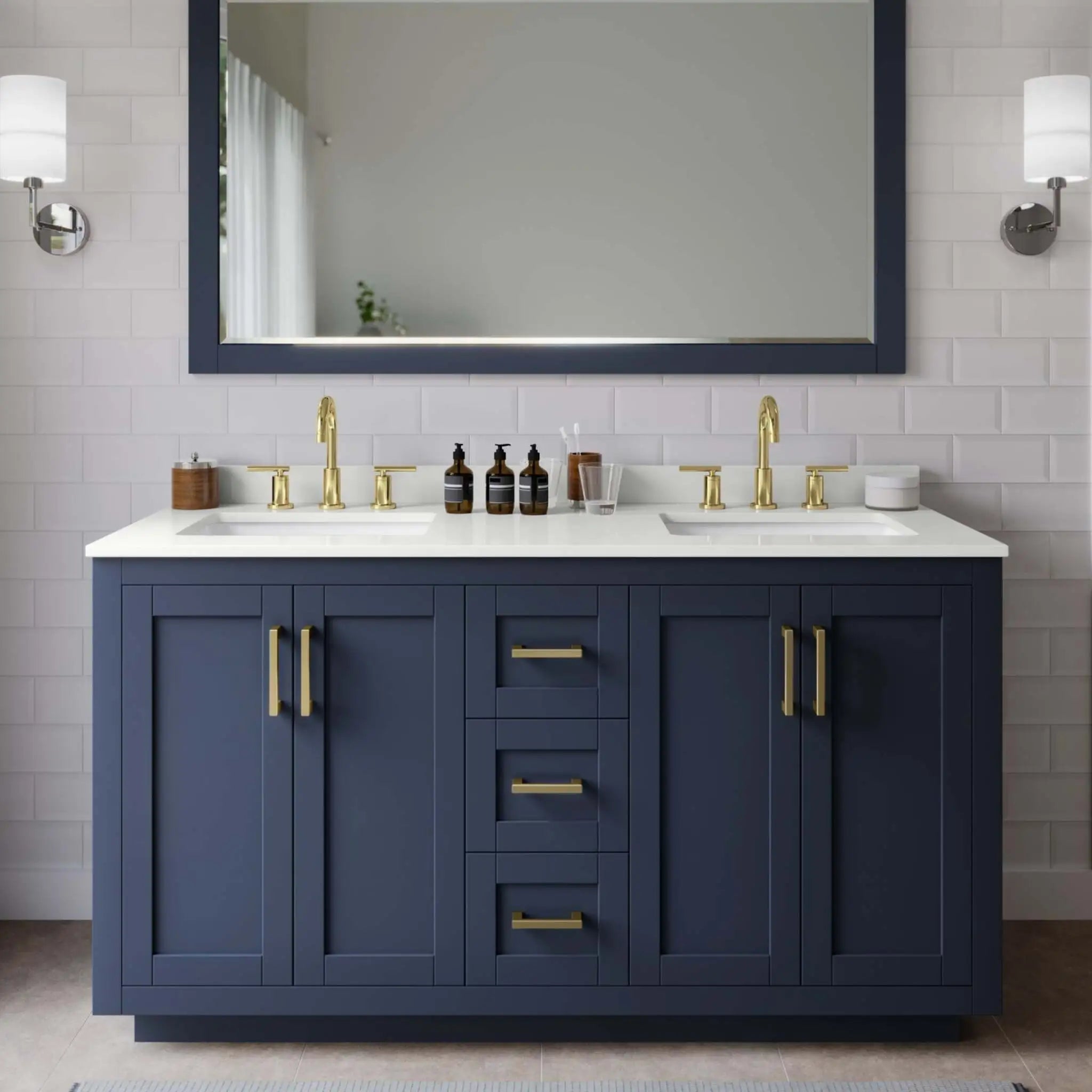60" Miranda Double Bathroom Vanity in Dark Blue with Brushed Gold Trim by Wyndham