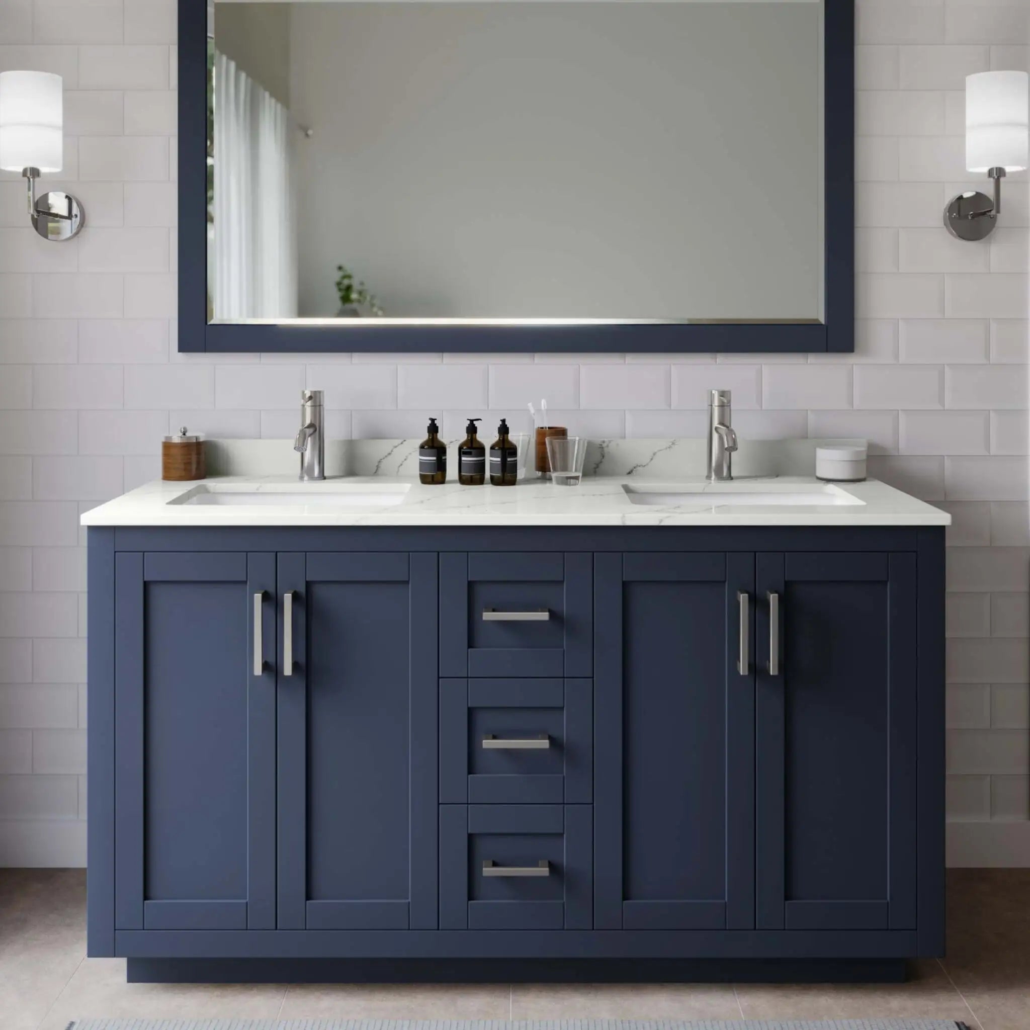 60" Miranda Double Bathroom Vanity in Dark Blue with Brushed Nickel Trim & 58" Mirror by Wyndham