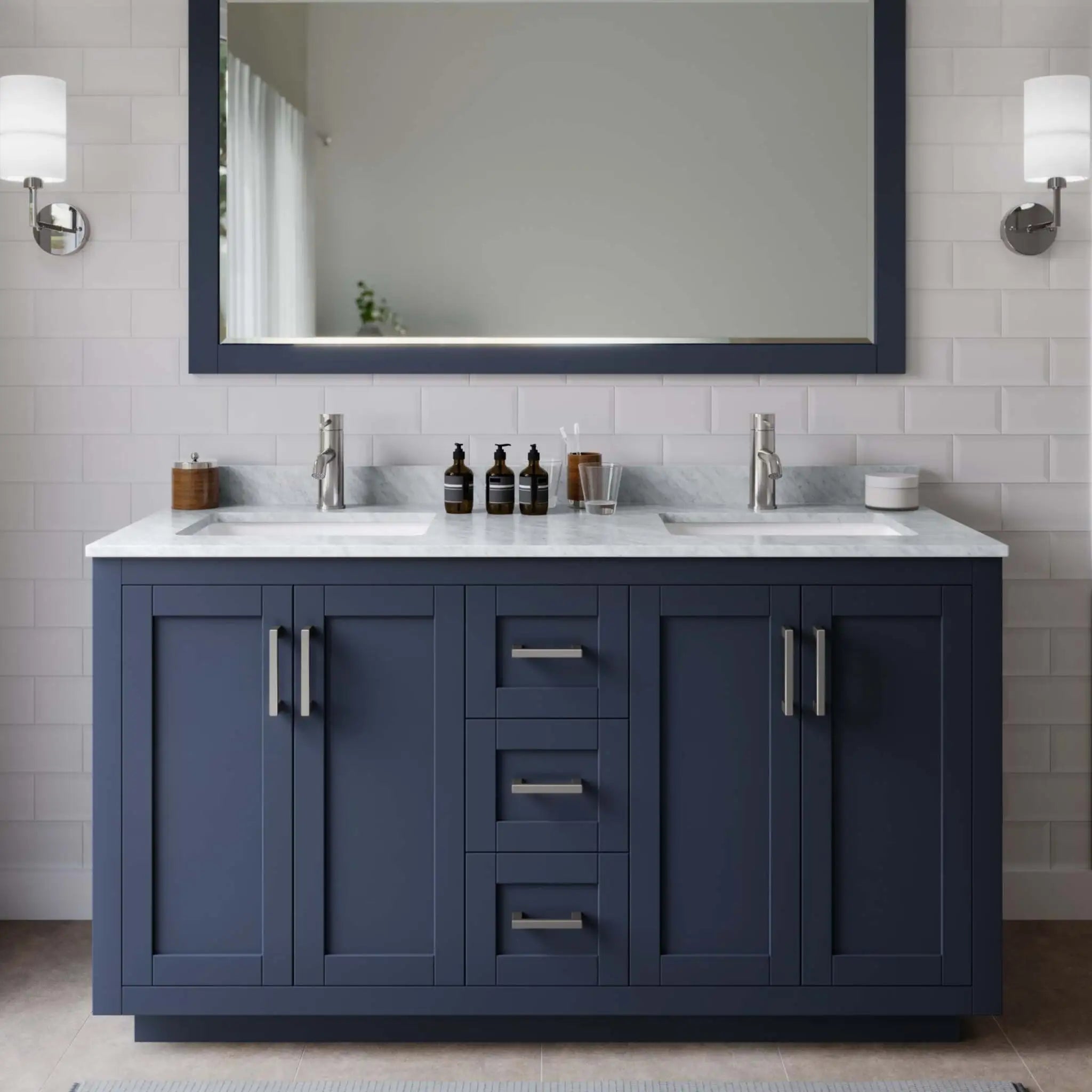60" Miranda Double Bathroom Vanity in Dark Blue with Brushed Nickel Trim & 58" Mirror by Wyndham