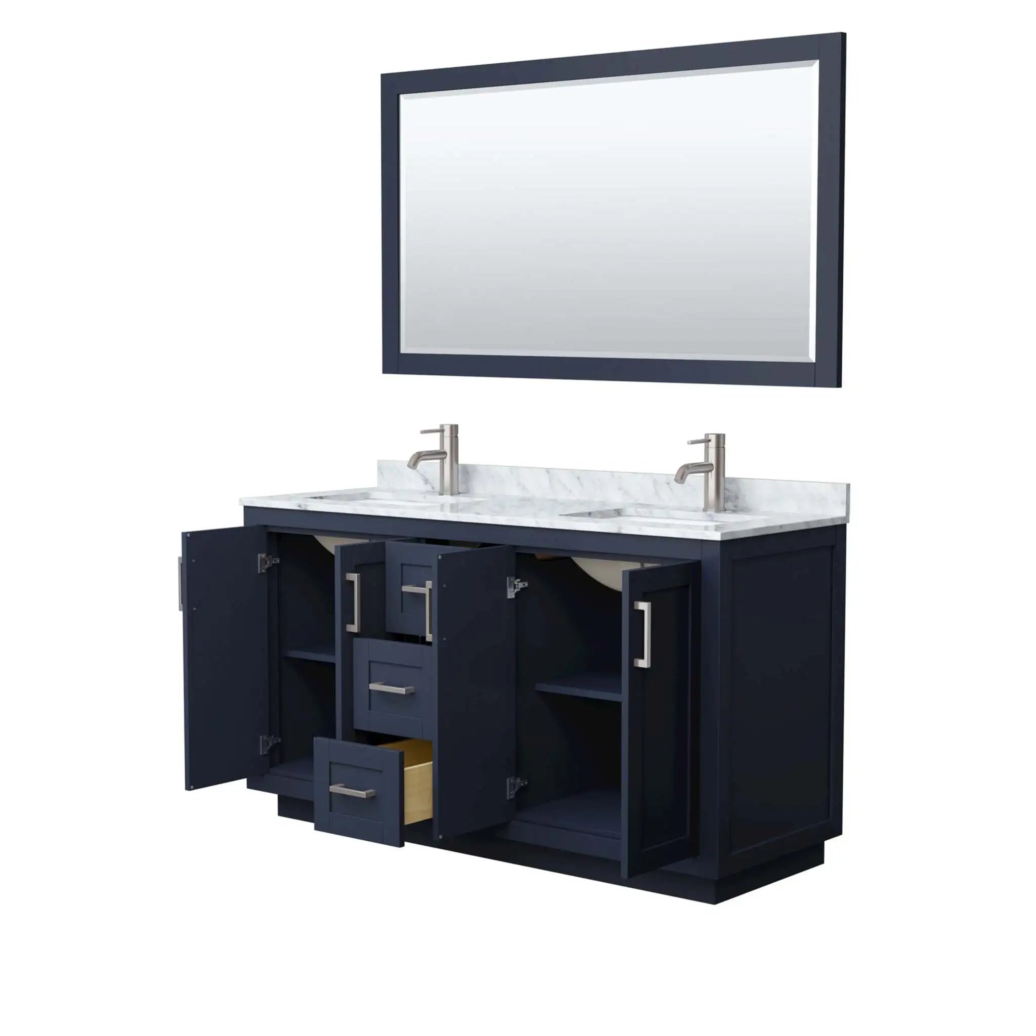 60" Miranda Double Bathroom Vanity in Dark Blue with Brushed Nickel Trim & 58" Mirror by Wyndham