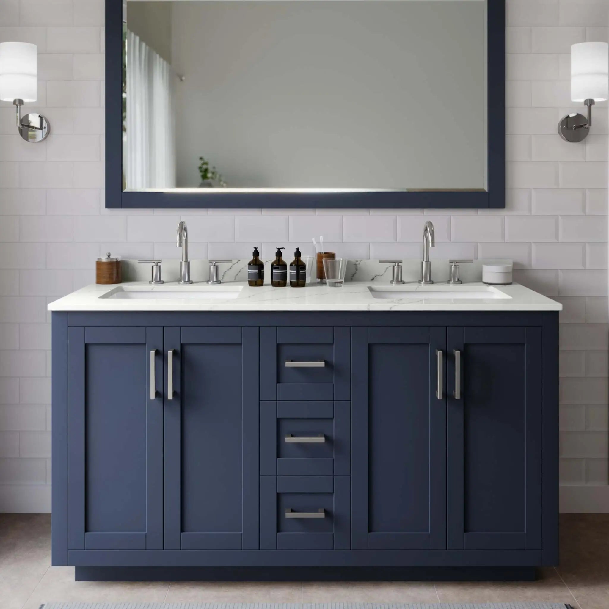 60" Miranda Double Bathroom Vanity in Dark Blue with Brushed Nickel Trim by Wyndham