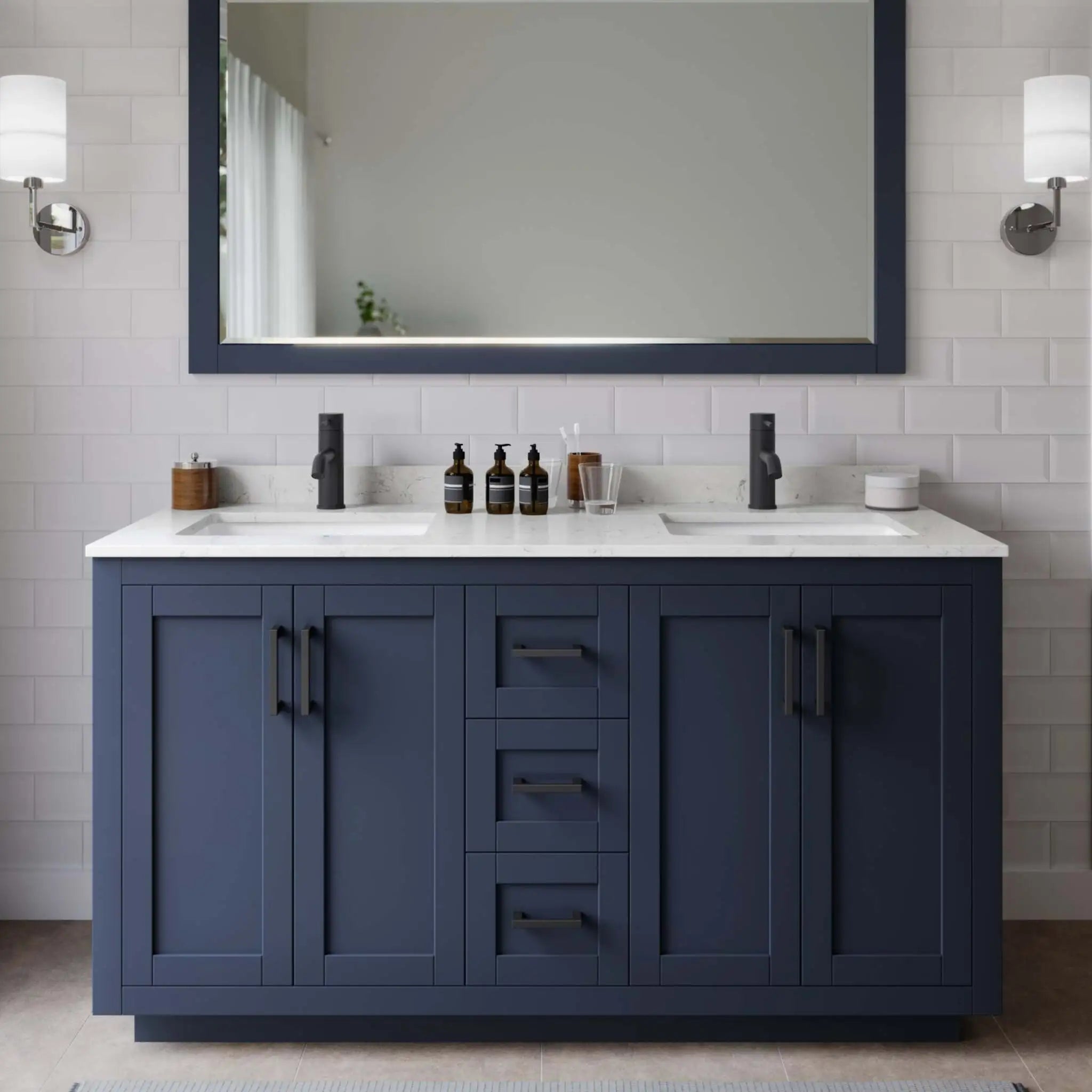 60" Miranda Double Bathroom Vanity in Dark Blue with Matte Black Trim & 58" Mirror by Wyndham