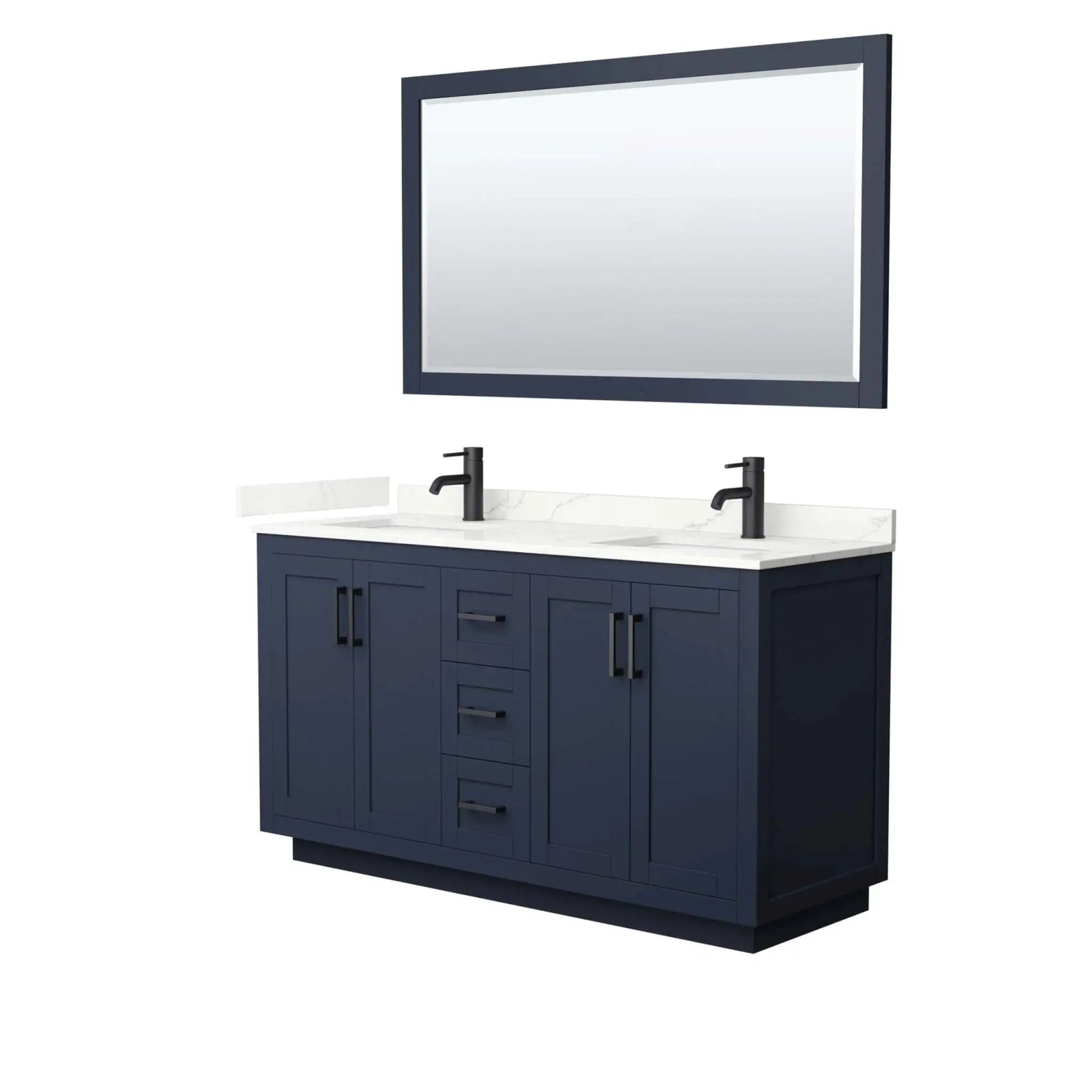 60" Miranda Double Bathroom Vanity in Dark Blue with Matte Black Trim & 58" Mirror by Wyndham