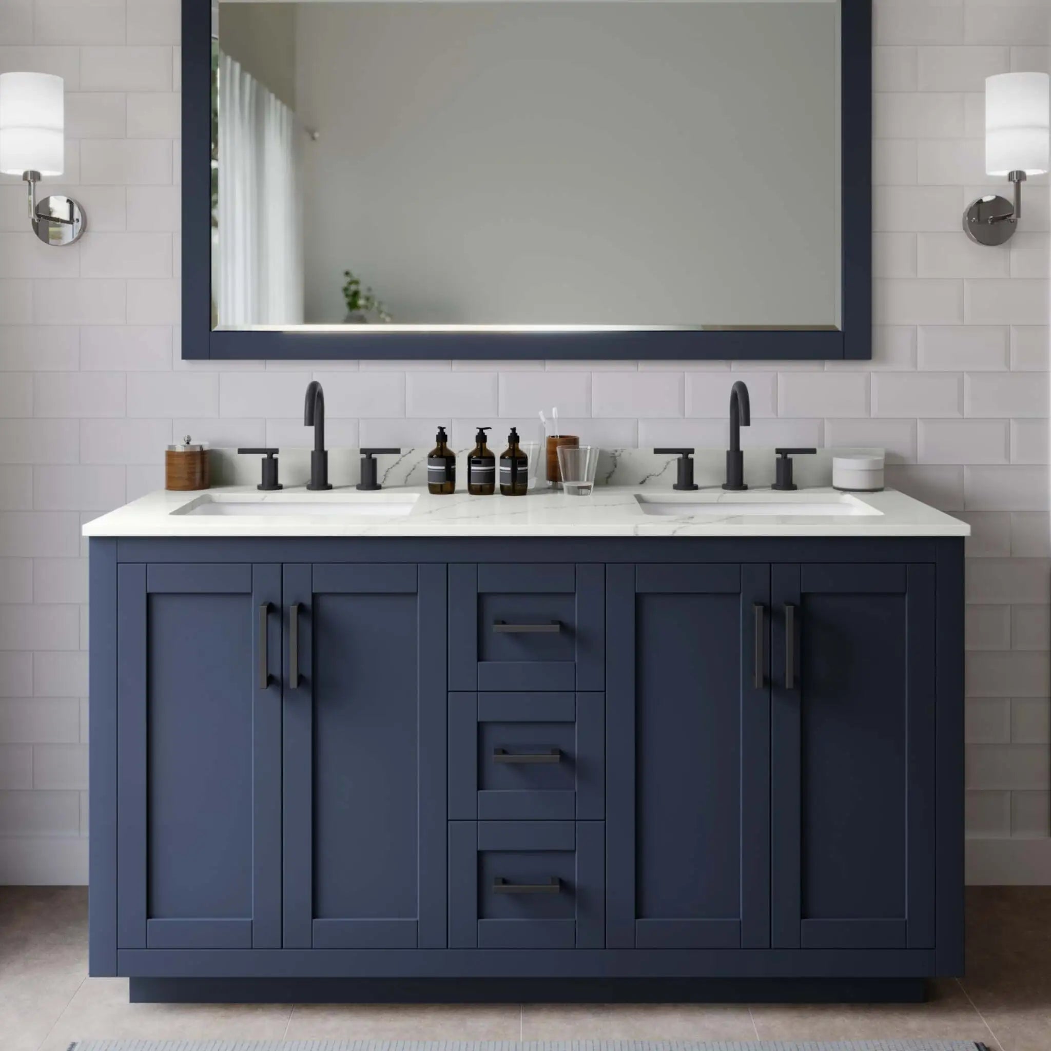 60" Miranda Double Bathroom Vanity in Dark Blue with Matte Black Trim & 58" Mirror by Wyndham