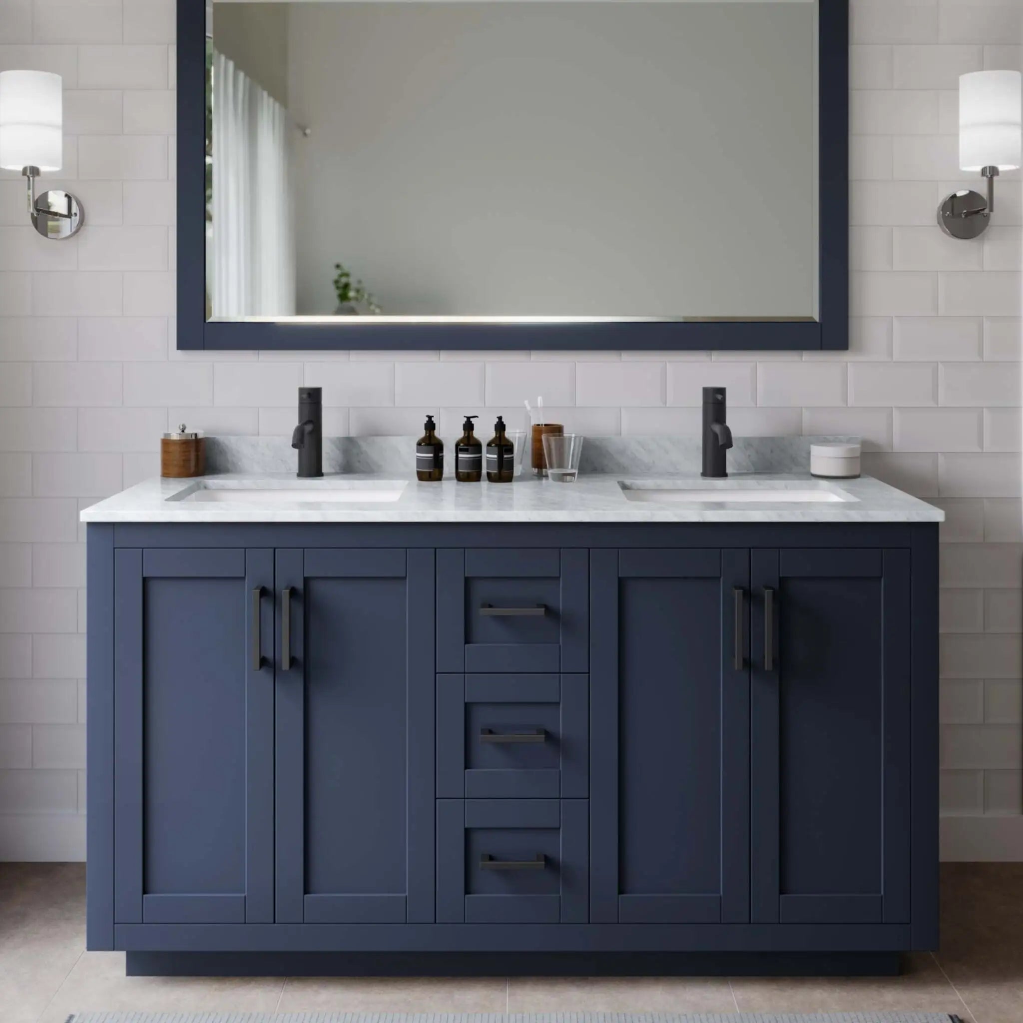 60" Miranda Double Bathroom Vanity in Dark Blue with Matte Black Trim & 58" Mirror by Wyndham