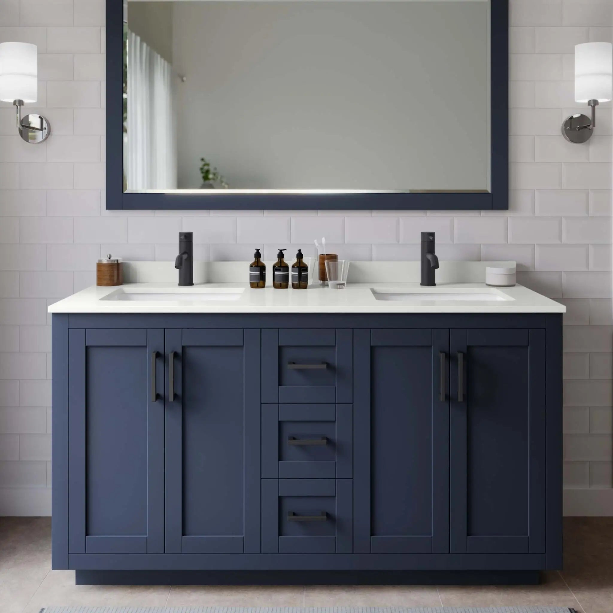 60" Miranda Double Bathroom Vanity in Dark Blue with Matte Black Trim & 58" Mirror by Wyndham