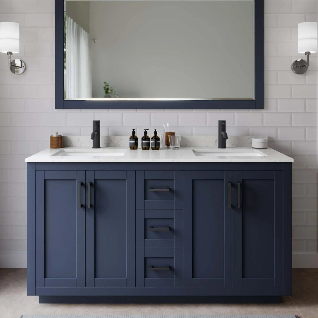 60" Miranda Double Bathroom Vanity in Dark Blue with Matte Black Trim by Wyndham