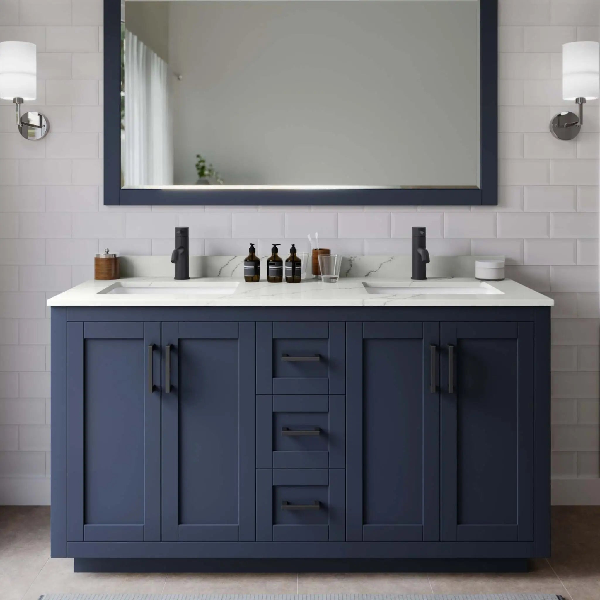 60" Miranda Double Bathroom Vanity in Dark Blue with Matte Black Trim by Wyndham