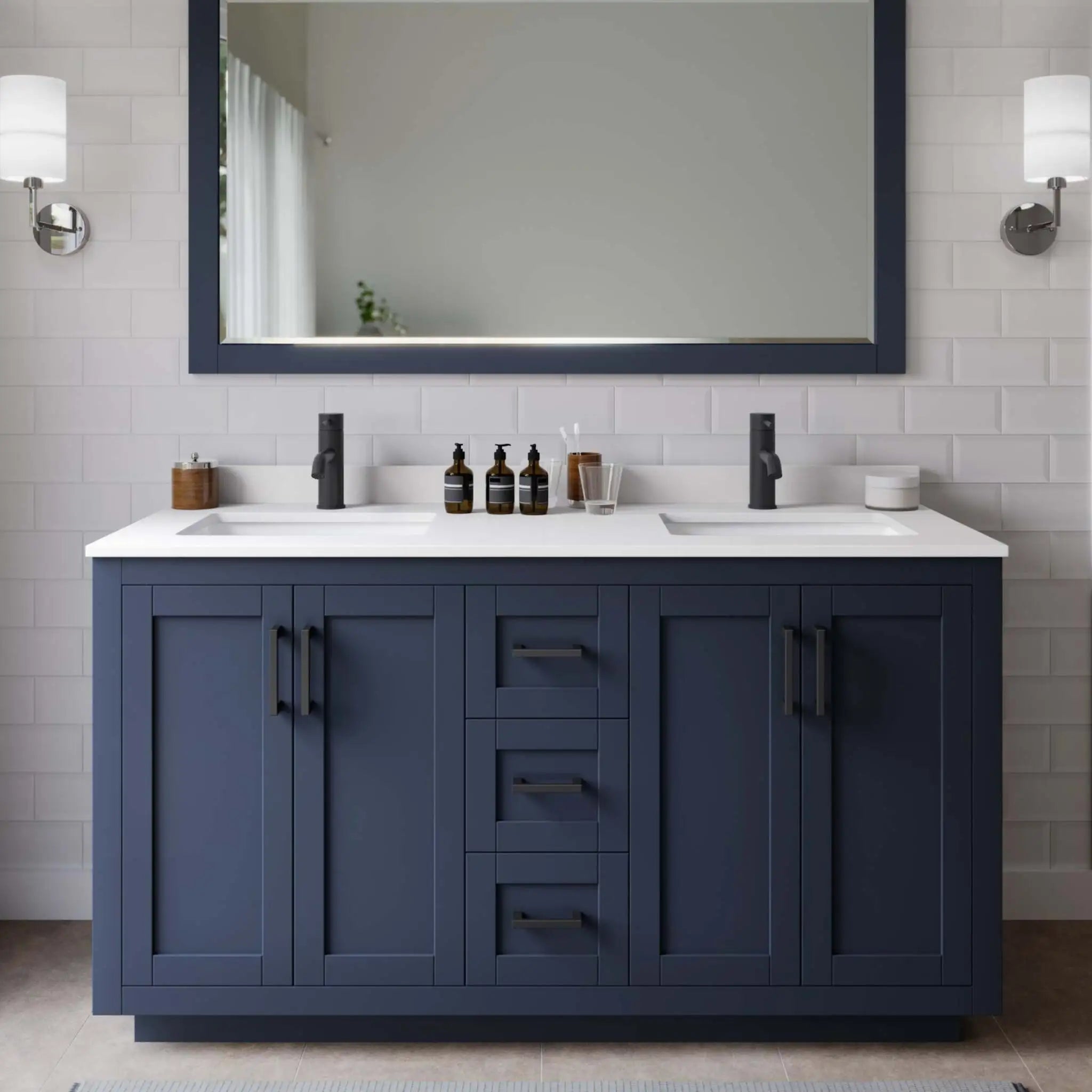 60" Miranda Double Bathroom Vanity in Dark Blue with Matte Black Trim by Wyndham