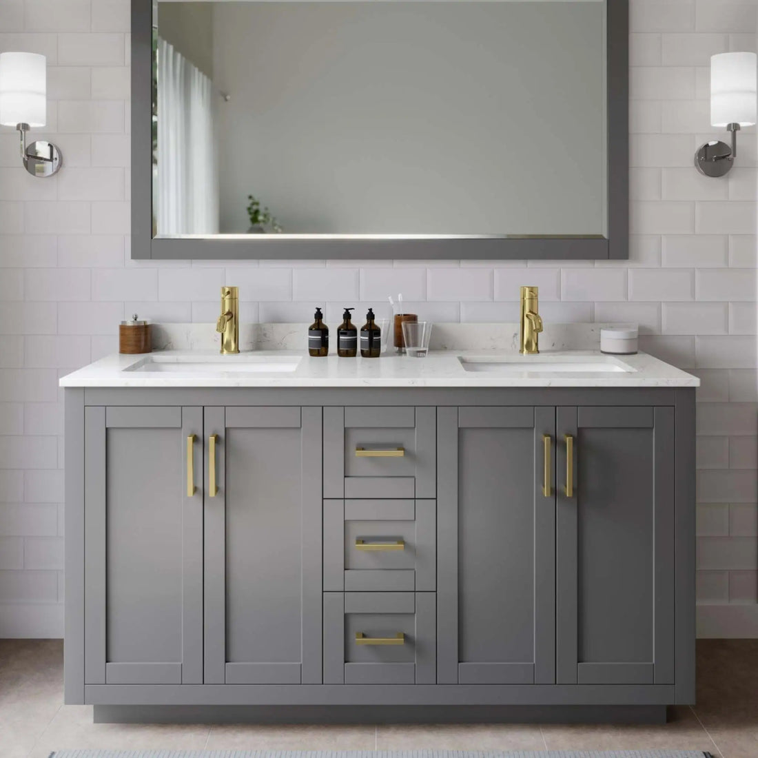 60" Miranda Double Bathroom Vanity in Dark Gray with Brushed Gold Trim & 58" Mirror by Wyndham