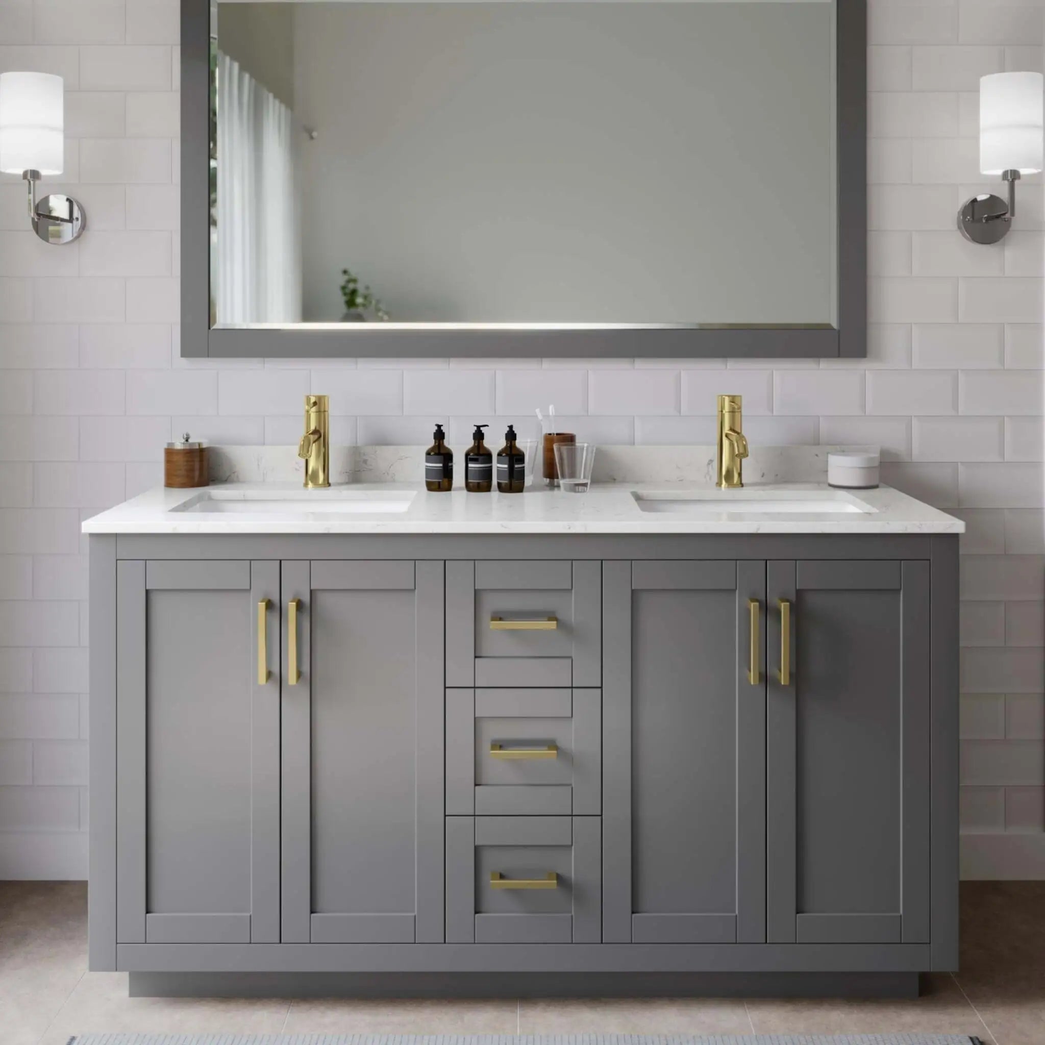 60" Miranda Double Bathroom Vanity in Dark Gray with Brushed Gold Trim & 58" Mirror by Wyndham