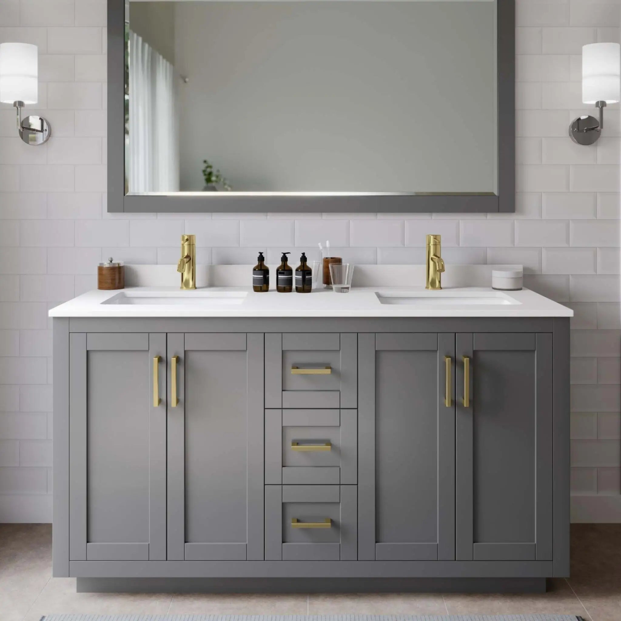60" Miranda Double Bathroom Vanity in Dark Gray with Brushed Gold Trim & 58" Mirror by Wyndham