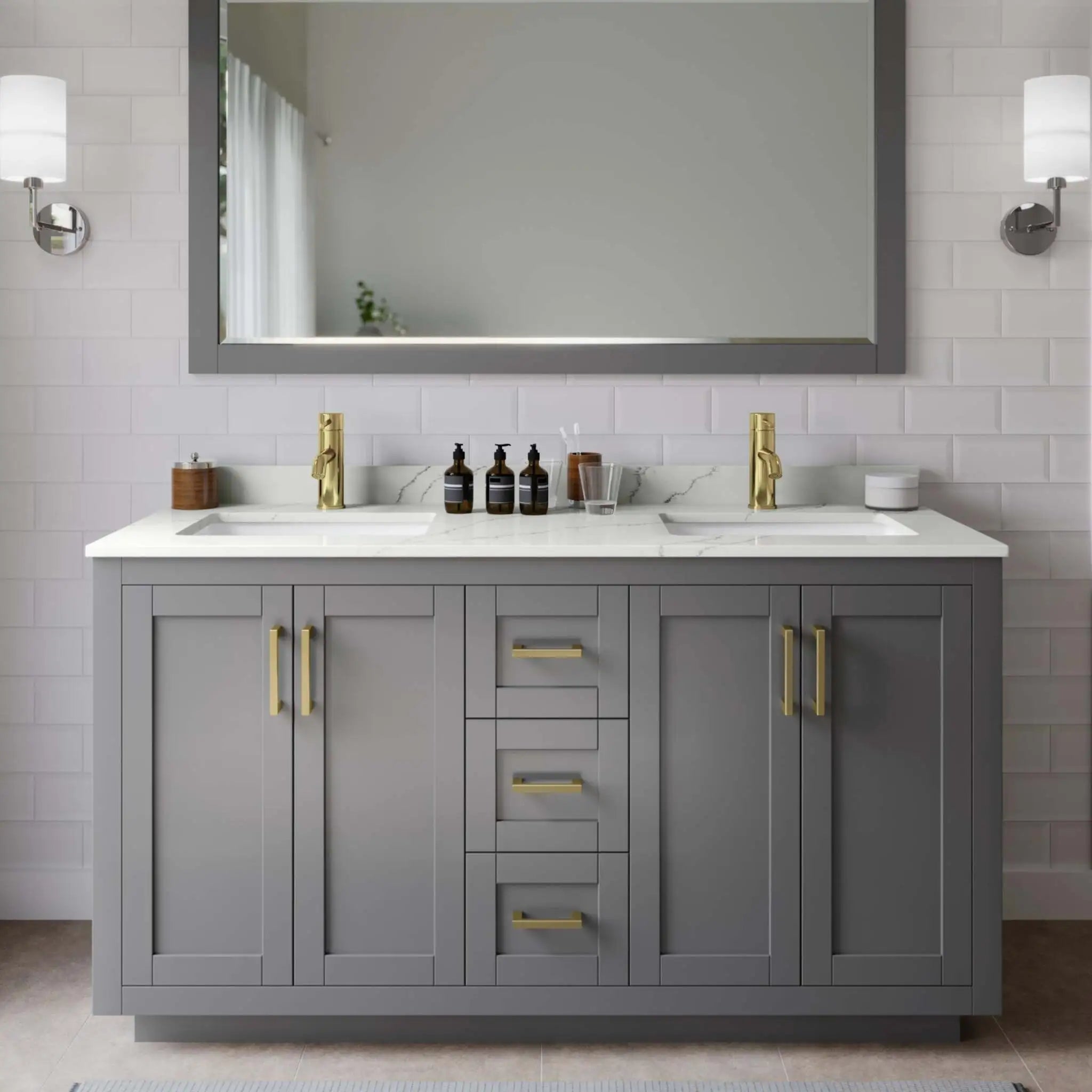 60" Miranda Double Bathroom Vanity in Dark Gray with Brushed Gold Trim by Wyndham