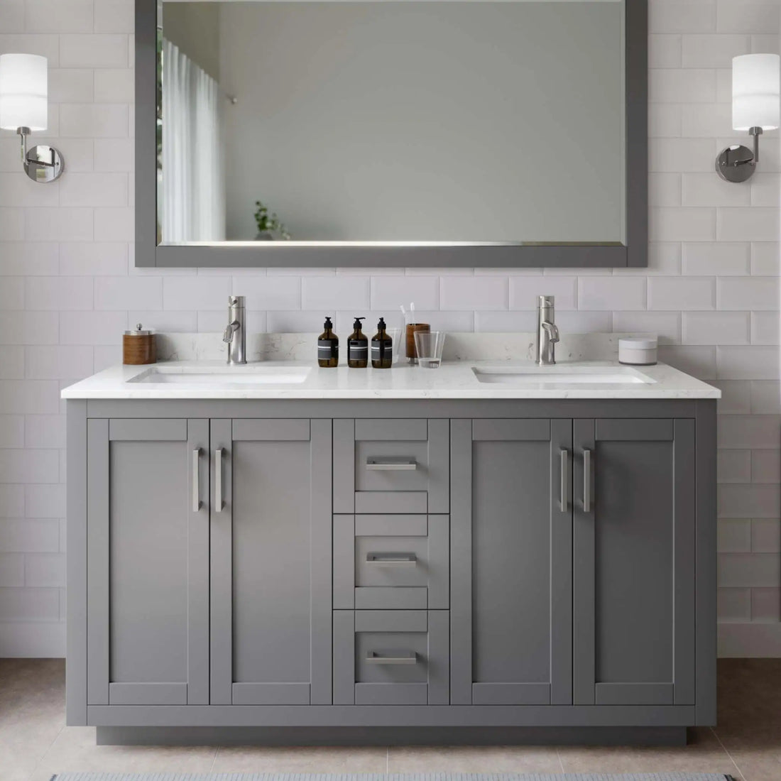 60" Miranda Double Bathroom Vanity in Dark Gray with Brushed Nickel Trim & 58" Mirror by Wyndham