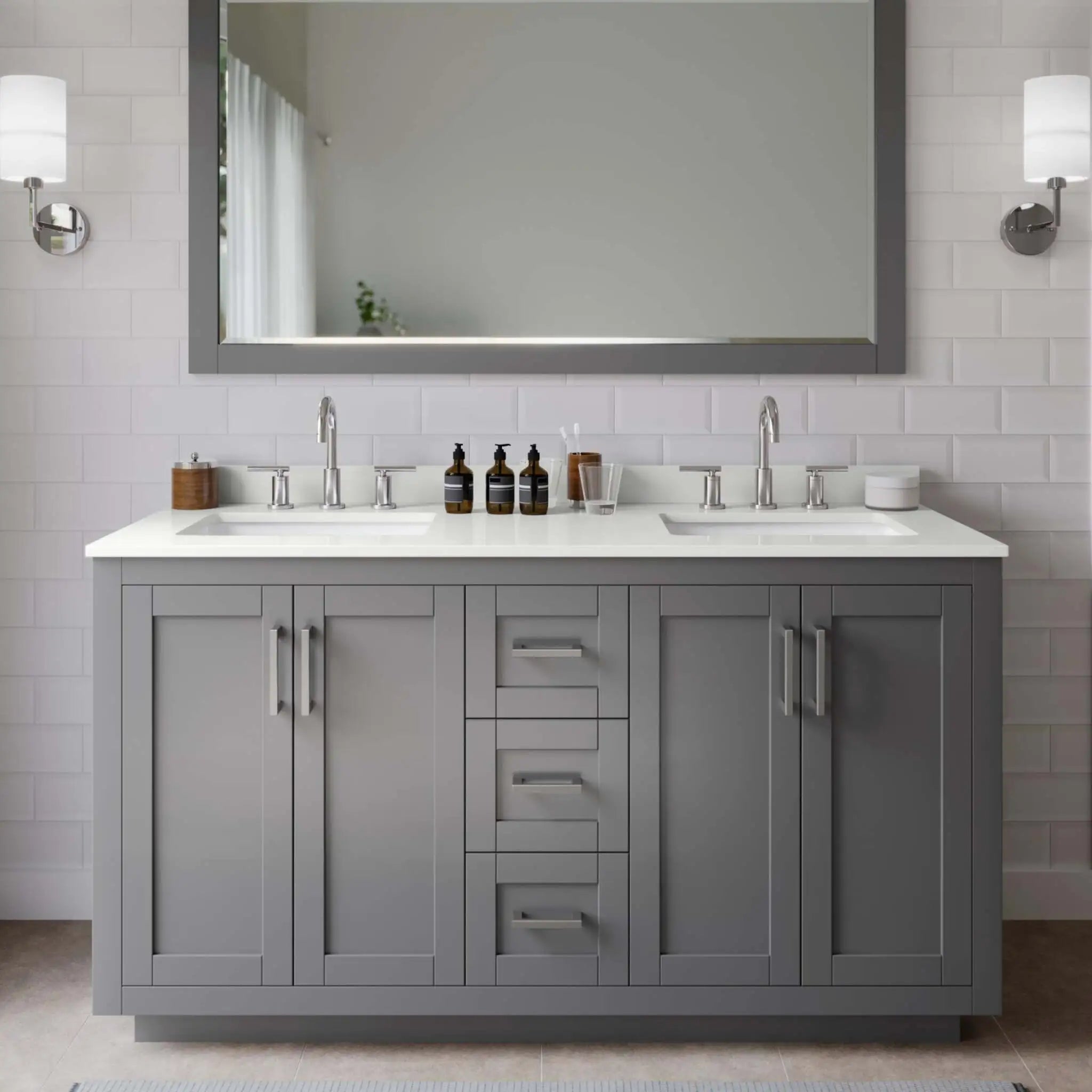 60" Miranda Double Bathroom Vanity in Dark Gray with Brushed Nickel Trim & 58" Mirror by Wyndham