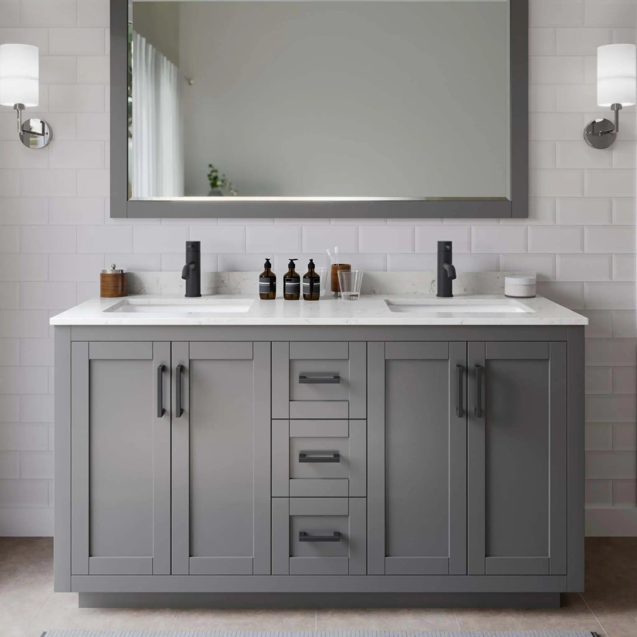 60" Miranda Double Bathroom Vanity in Dark Gray with Matte Black Trim & 58" Mirror by Wyndham