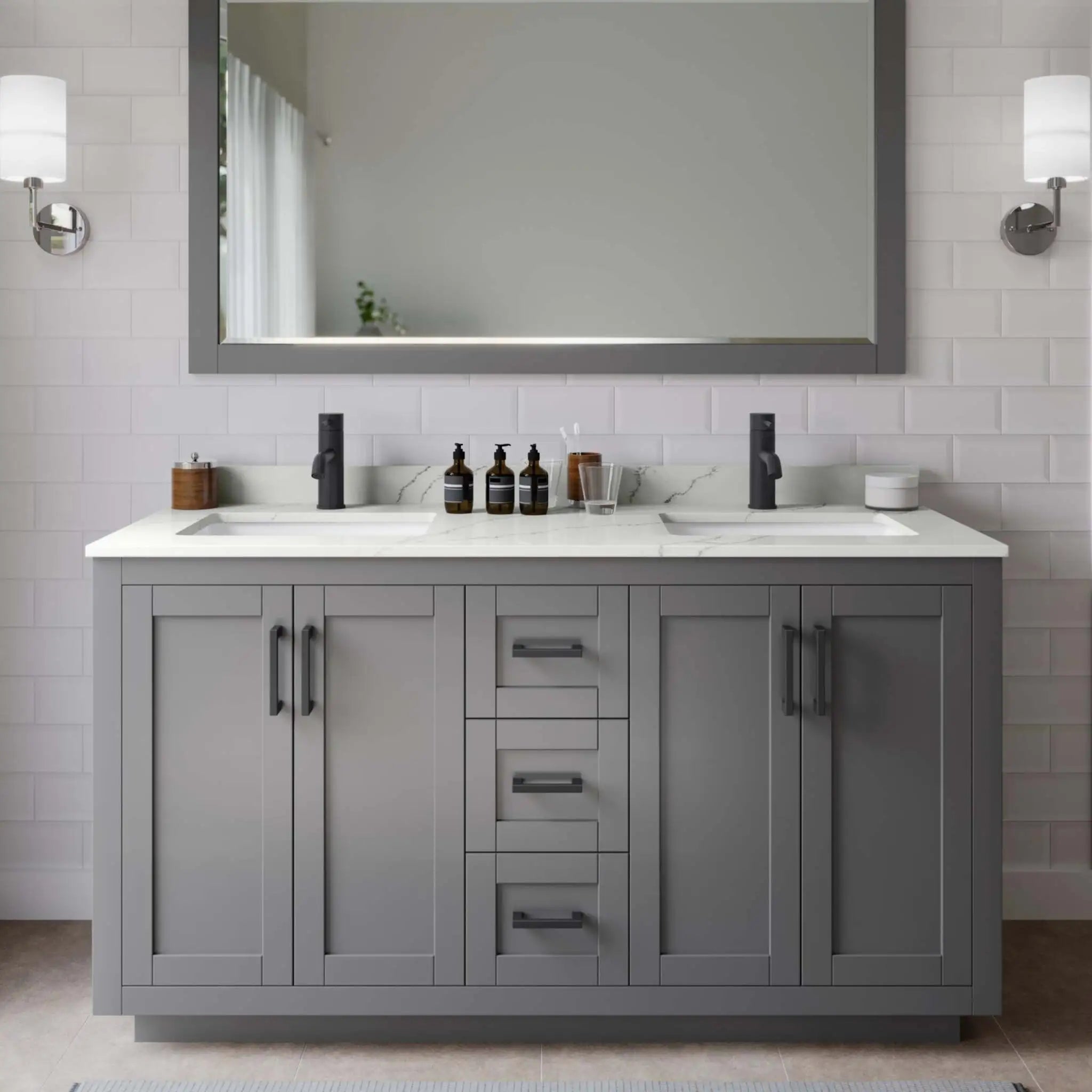 60" Miranda Double Bathroom Vanity in Dark Gray with Matte Black Trim & 58" Mirror by Wyndham