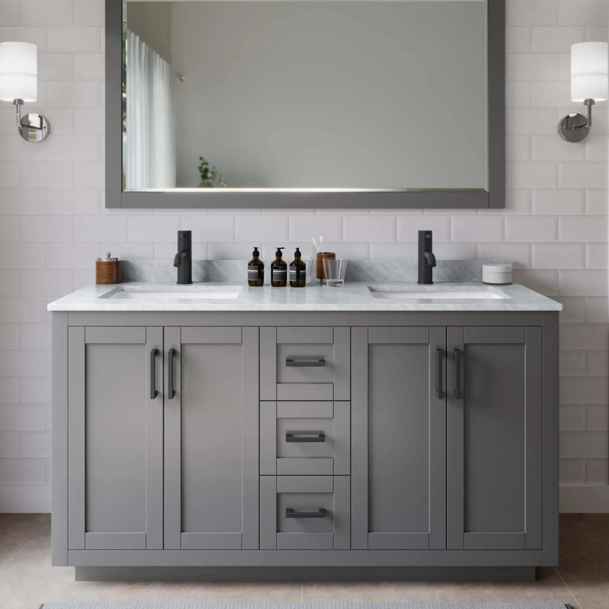 60" Miranda Double Bathroom Vanity in Dark Gray with Matte Black Trim & 58" Mirror by Wyndham