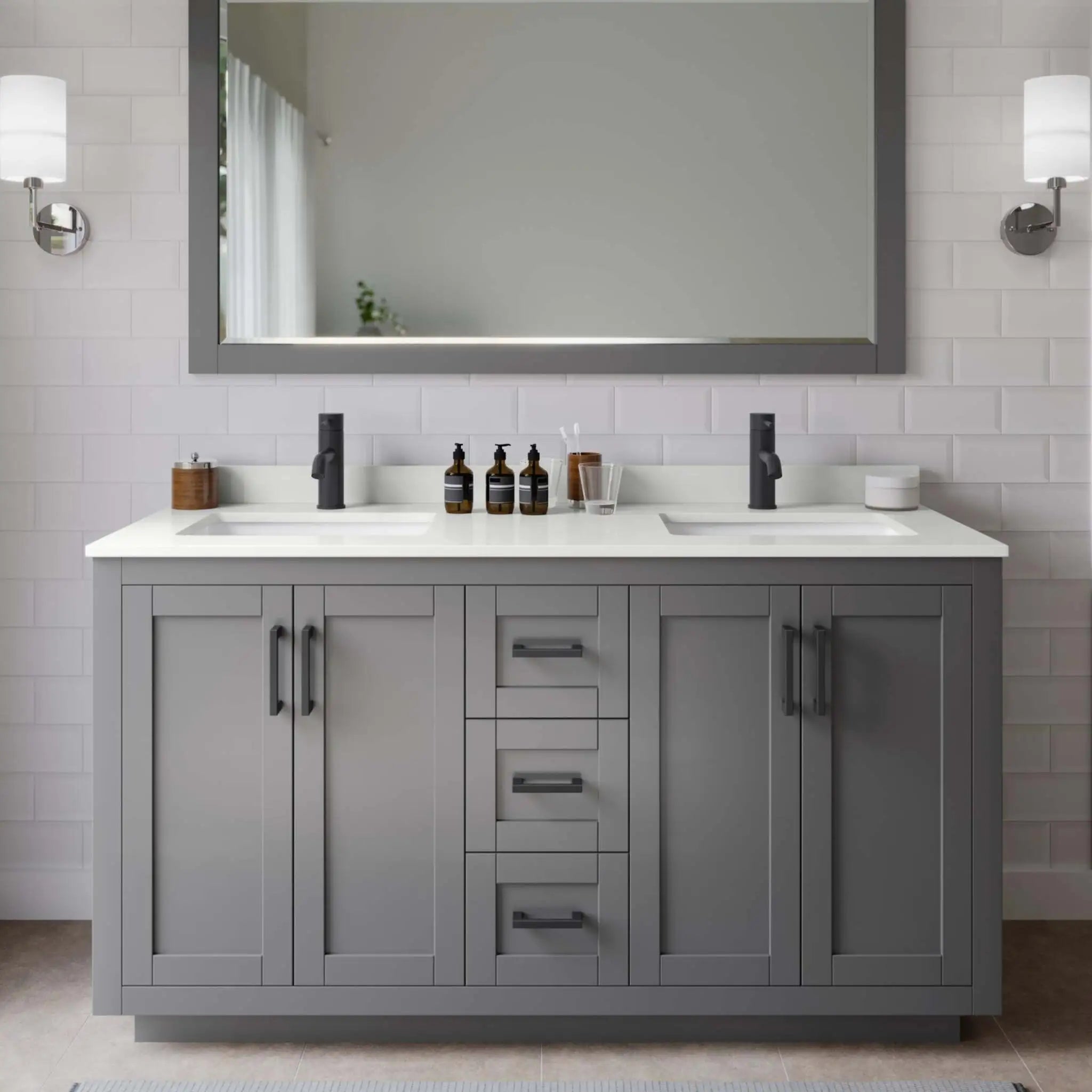 60" Miranda Double Bathroom Vanity in Dark Gray with Matte Black Trim & 58" Mirror by Wyndham
