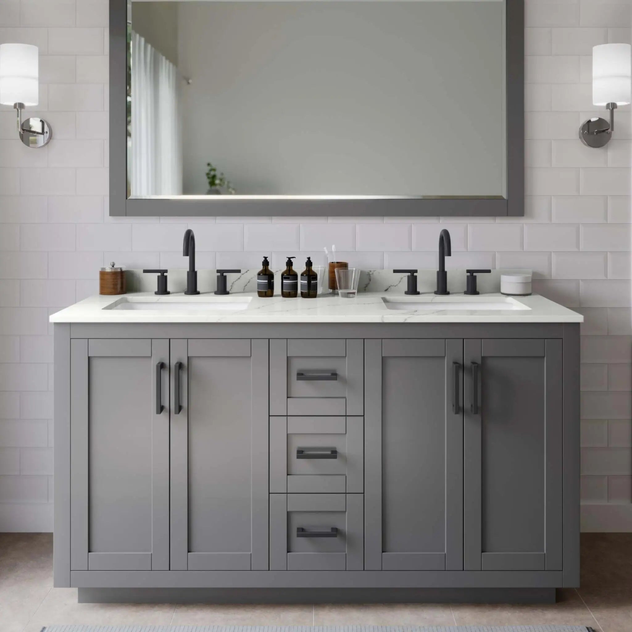 60" Miranda Double Bathroom Vanity in Dark Gray with Matte Black Trim by Wyndham