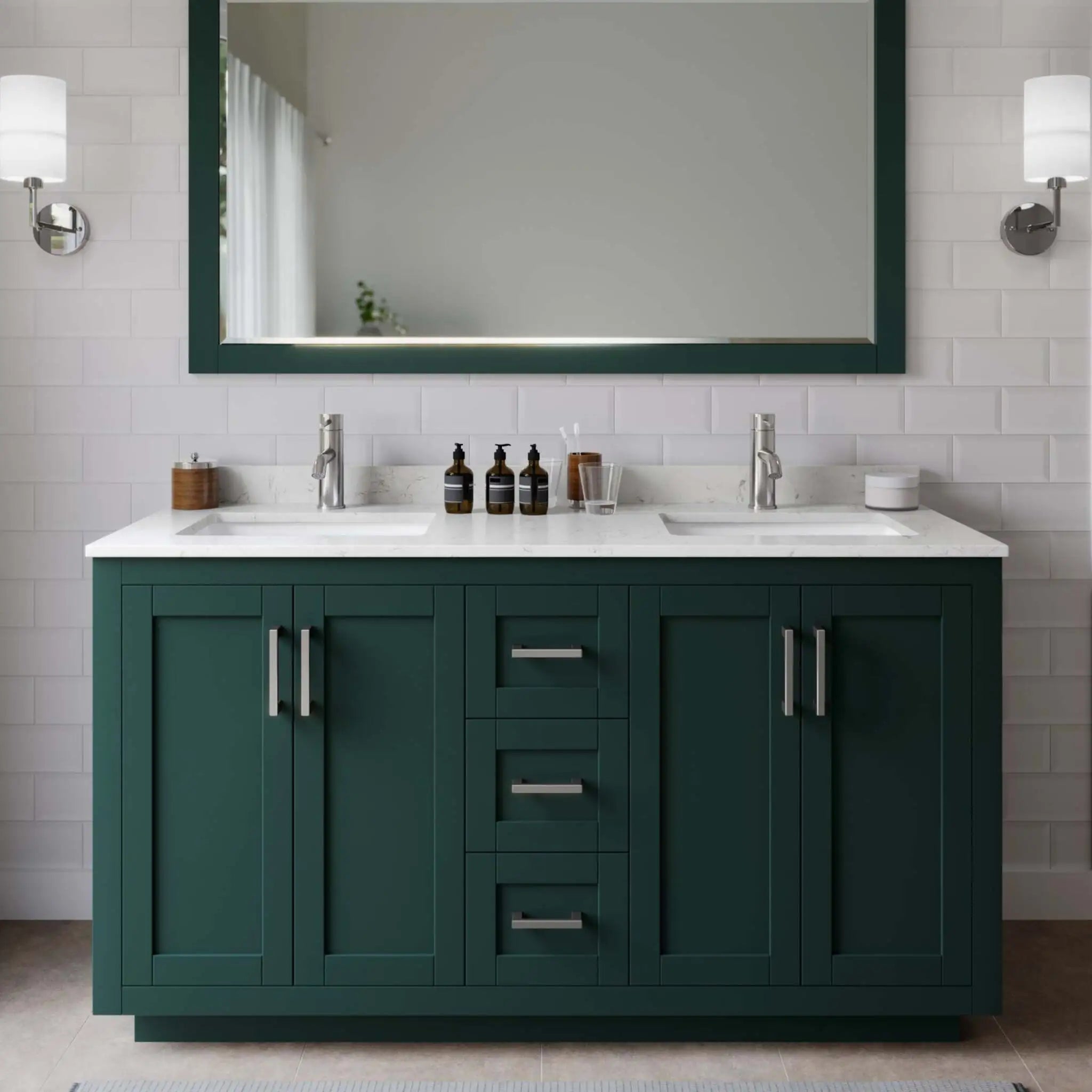 60" Miranda Double Bathroom Vanity in Green with Brushed Nickel Trim & 58" Mirror by Wyndham