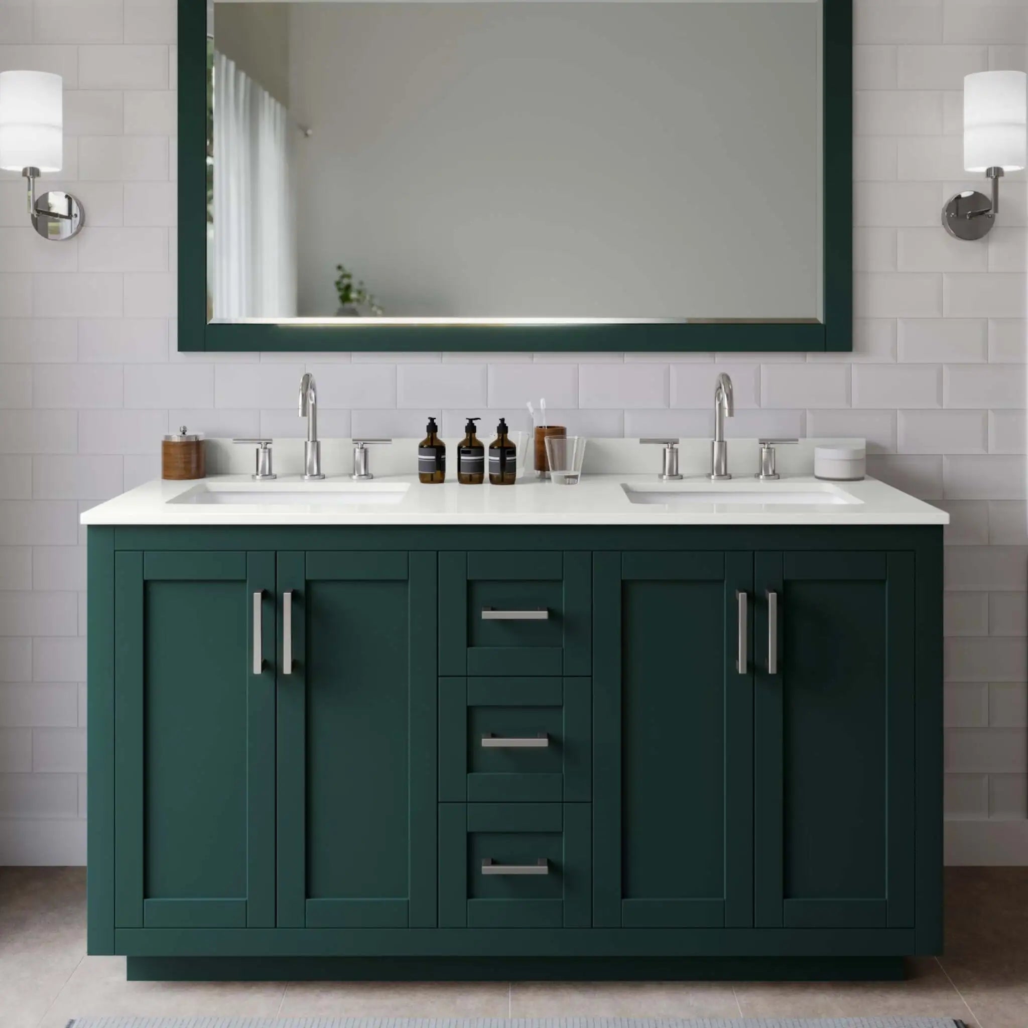 60" Miranda Double Bathroom Vanity in Green with Brushed Nickel Trim & 58" Mirror by Wyndham