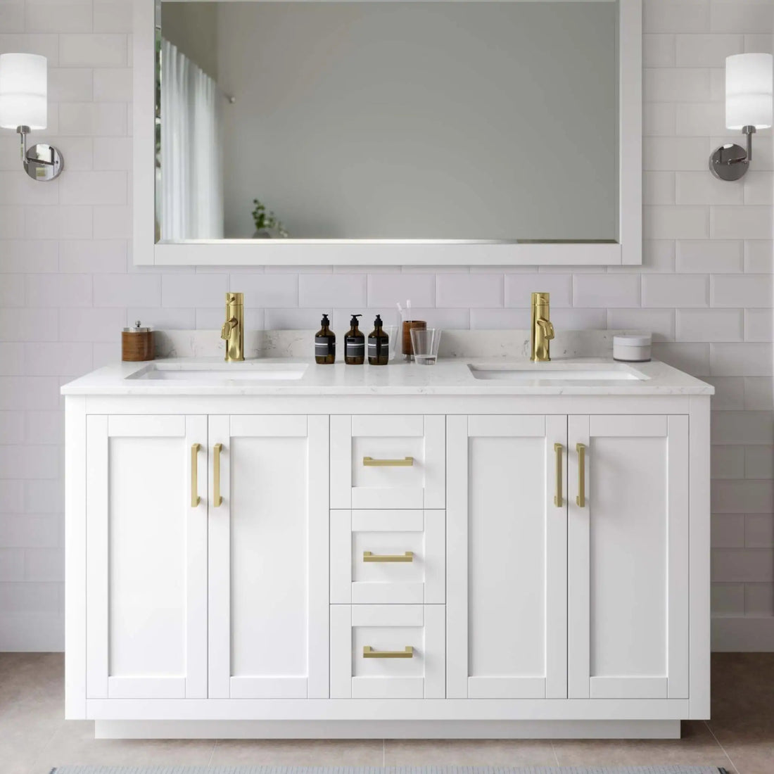 60" Miranda Double Bathroom Vanity in White with Brushed Gold Trim & 58" Mirror by Wyndham