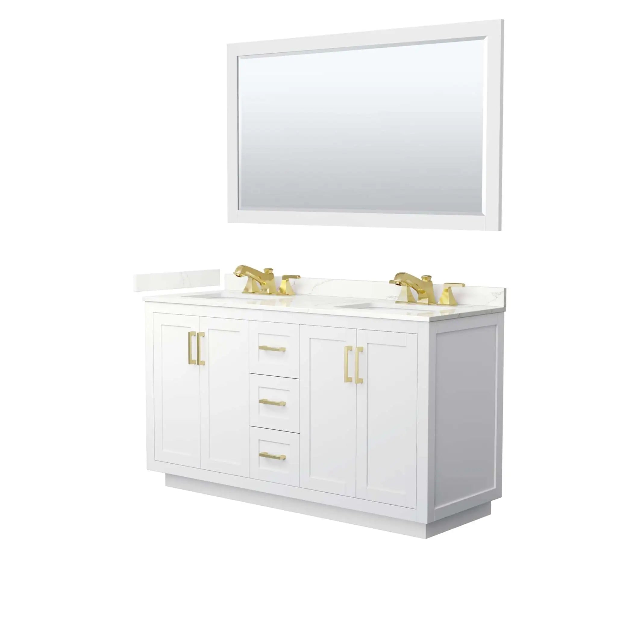 60" Miranda Double Bathroom Vanity in White with Brushed Gold Trim & 58" Mirror by Wyndham