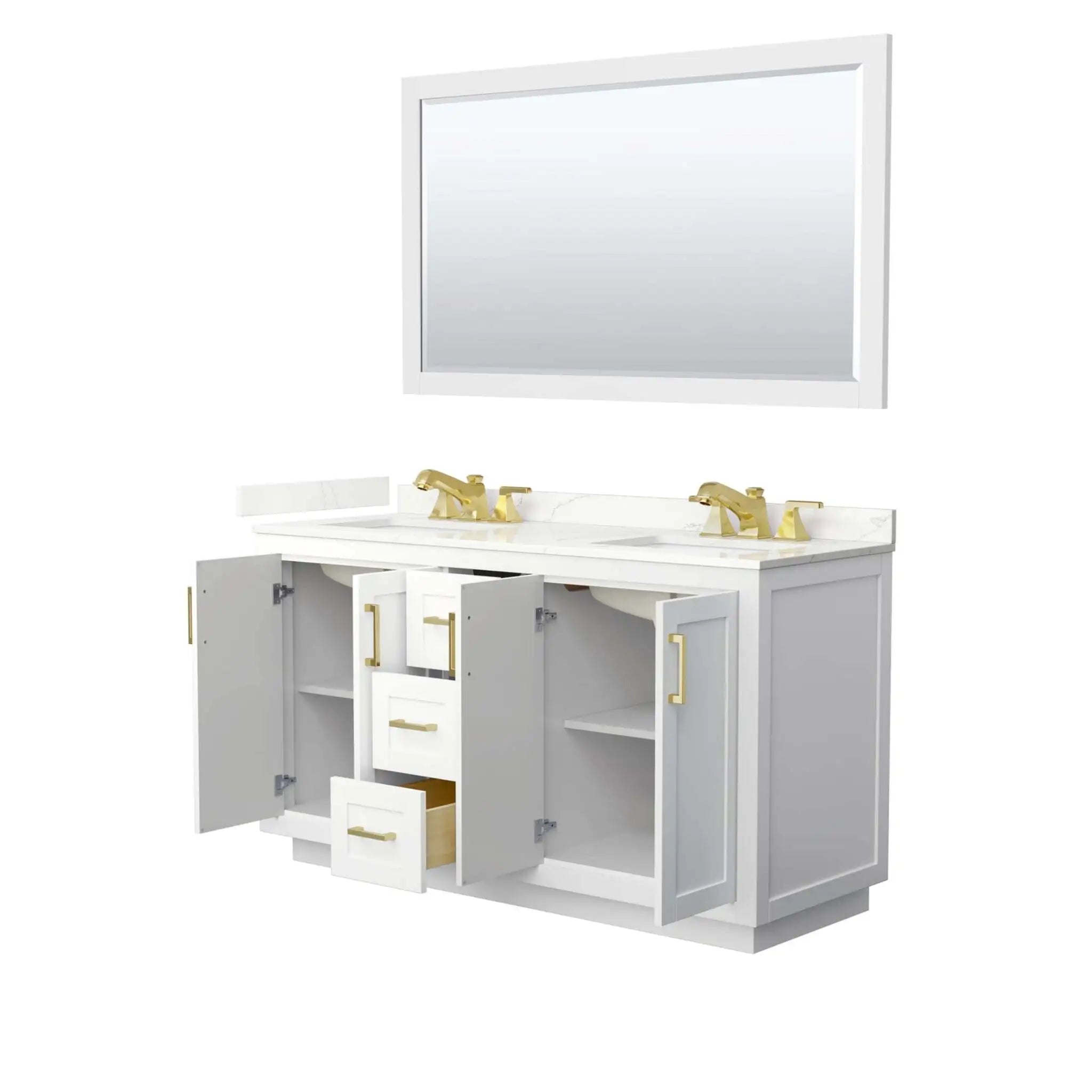 60" Miranda Double Bathroom Vanity in White with Brushed Gold Trim & 58" Mirror by Wyndham