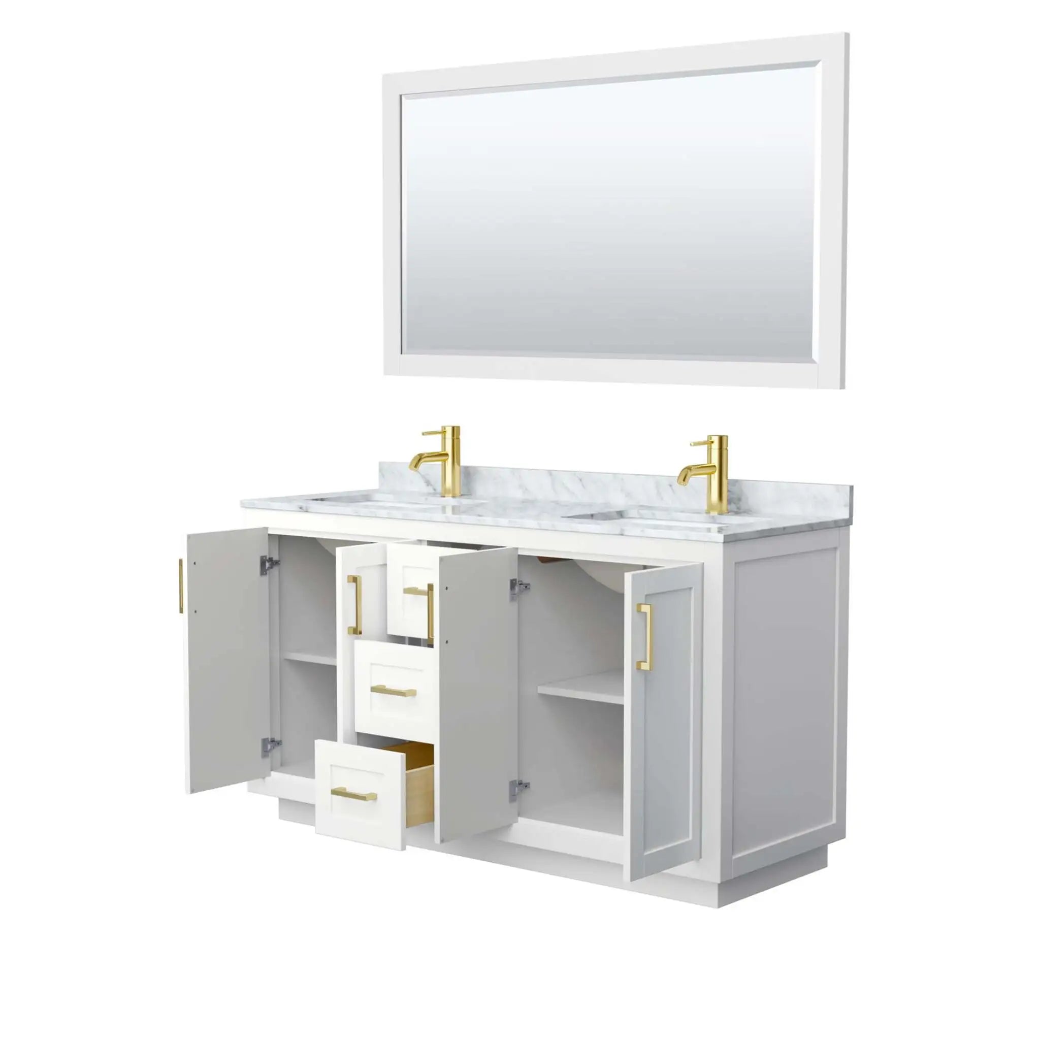 60" Miranda Double Bathroom Vanity in White with Brushed Gold Trim & 58" Mirror by Wyndham