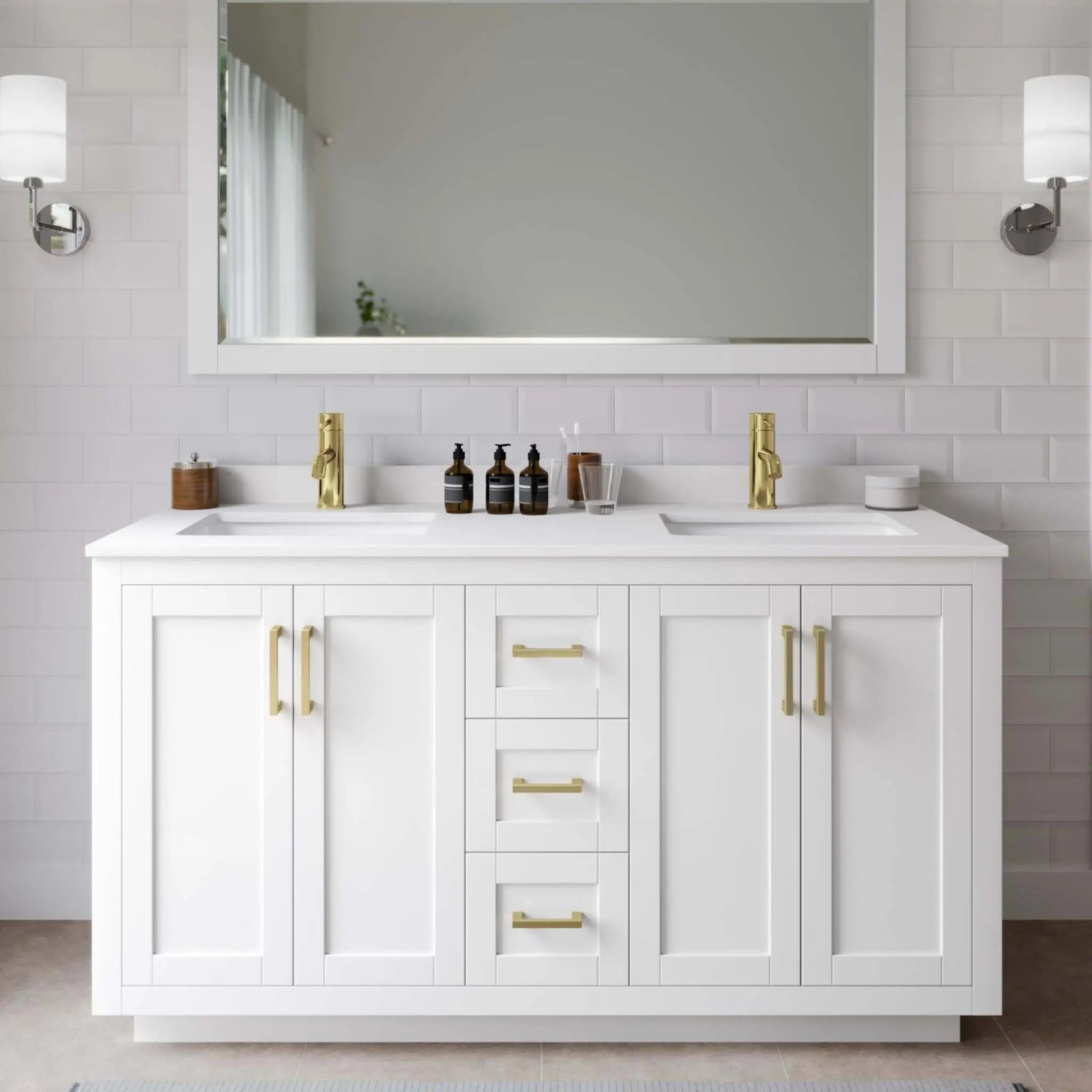 60" Miranda Double Bathroom Vanity in White with Brushed Gold Trim & 58" Mirror by Wyndham